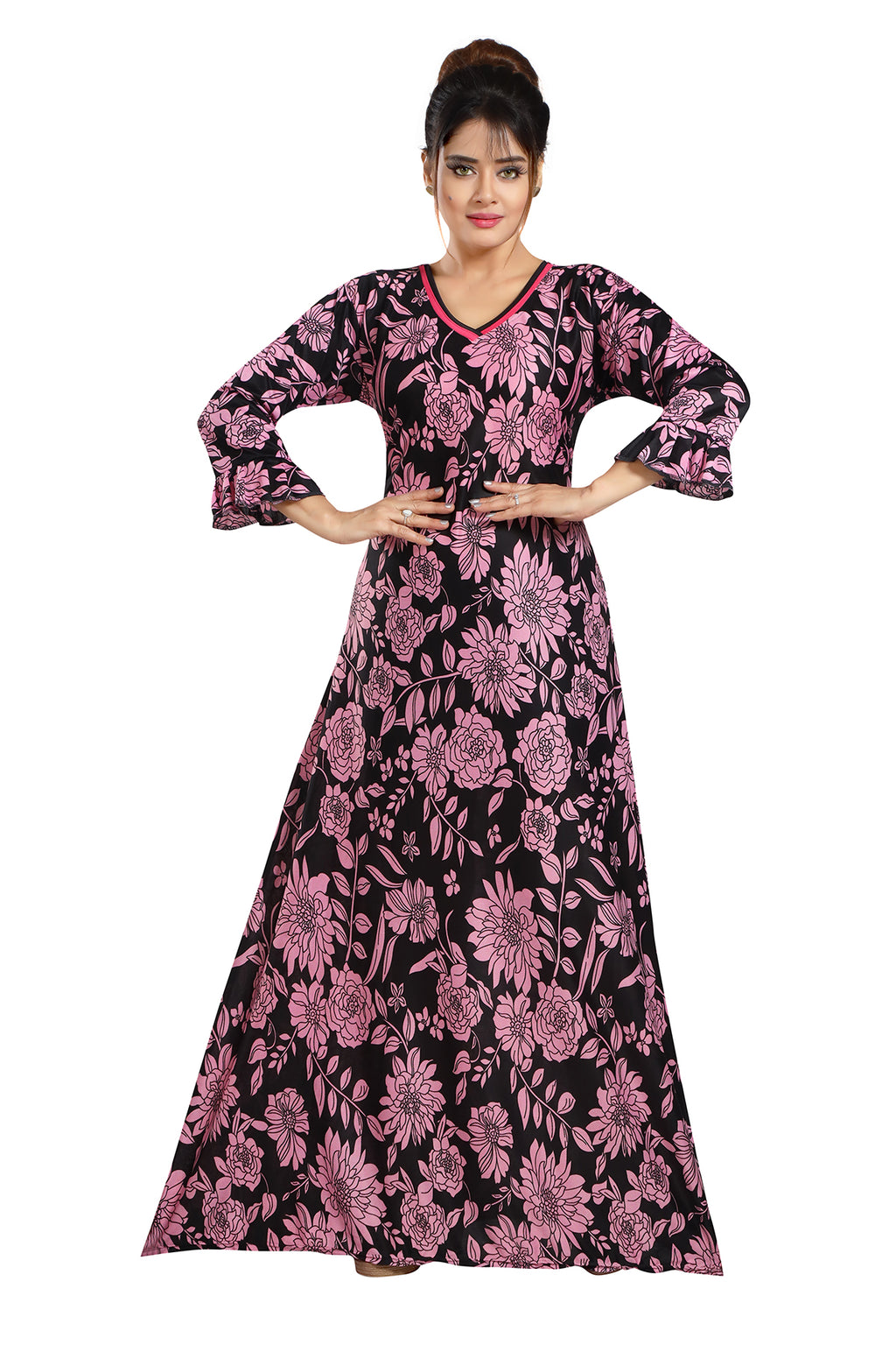 Light Pink Floral Print Sarina Satin Flared Nighty for Women
