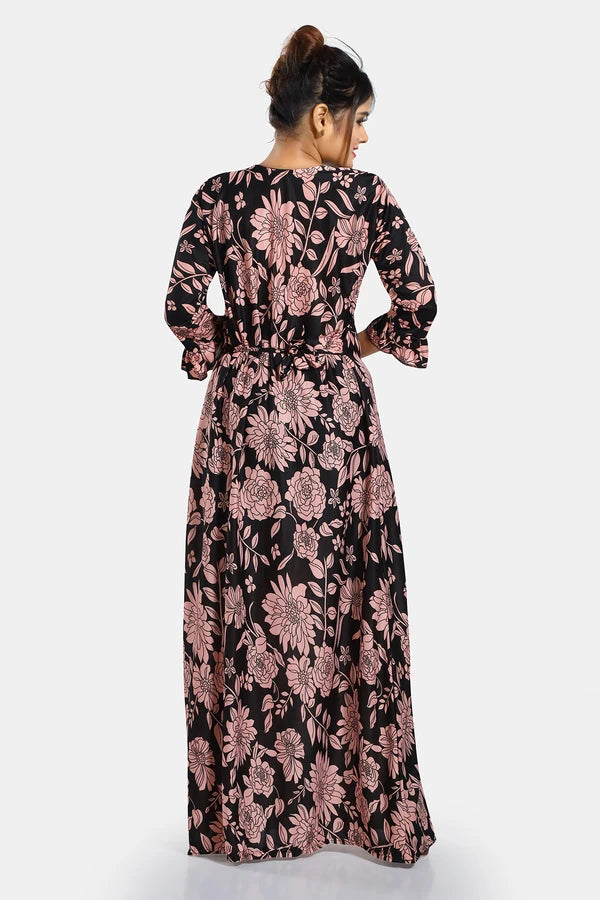 Back view of floral satin nighty
