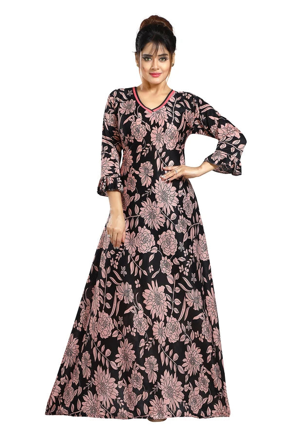 Women flared satin nightgown front view
