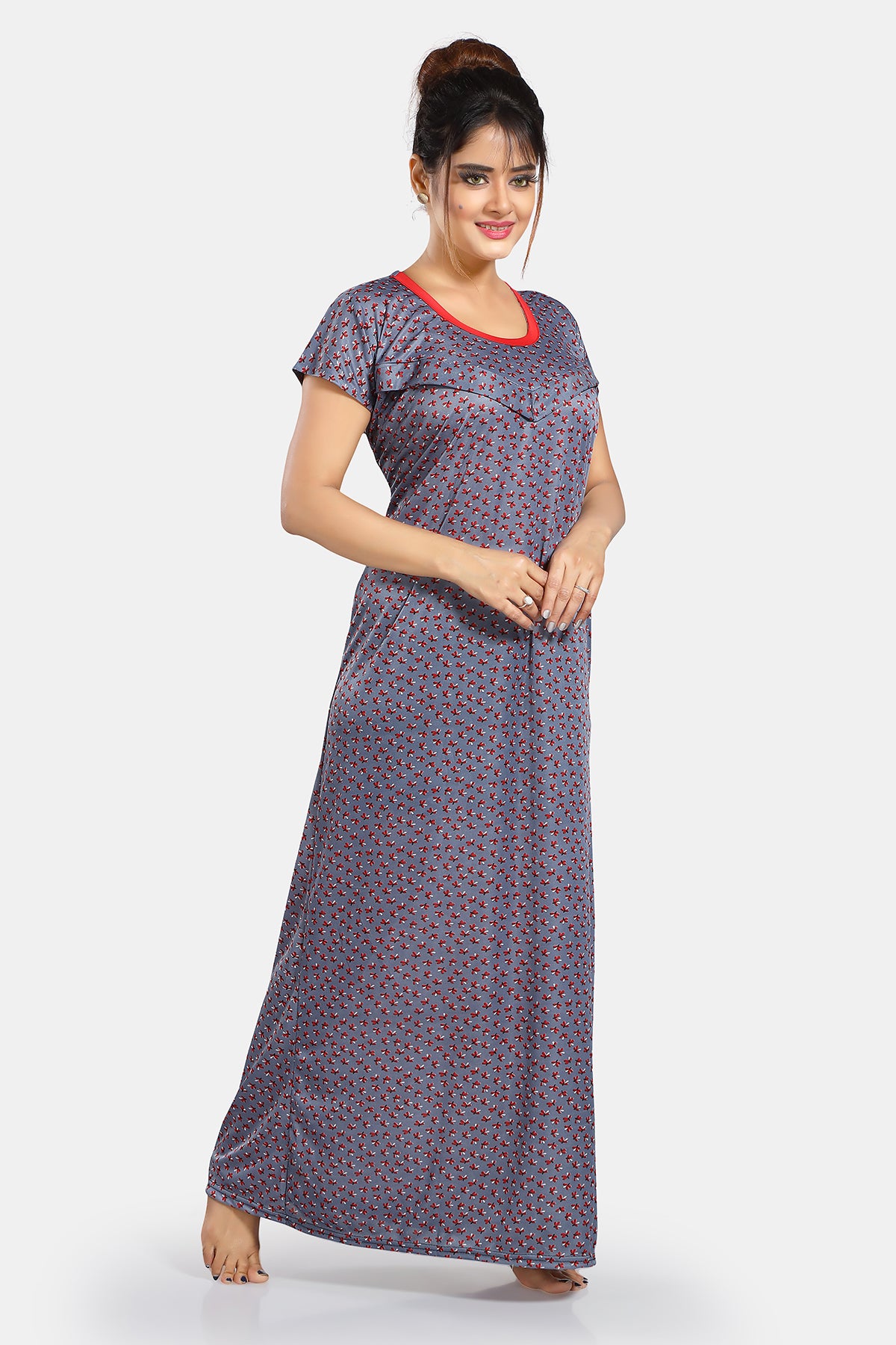 Blue Printed Sarina Satin Feeding & Maternity Gown for Women