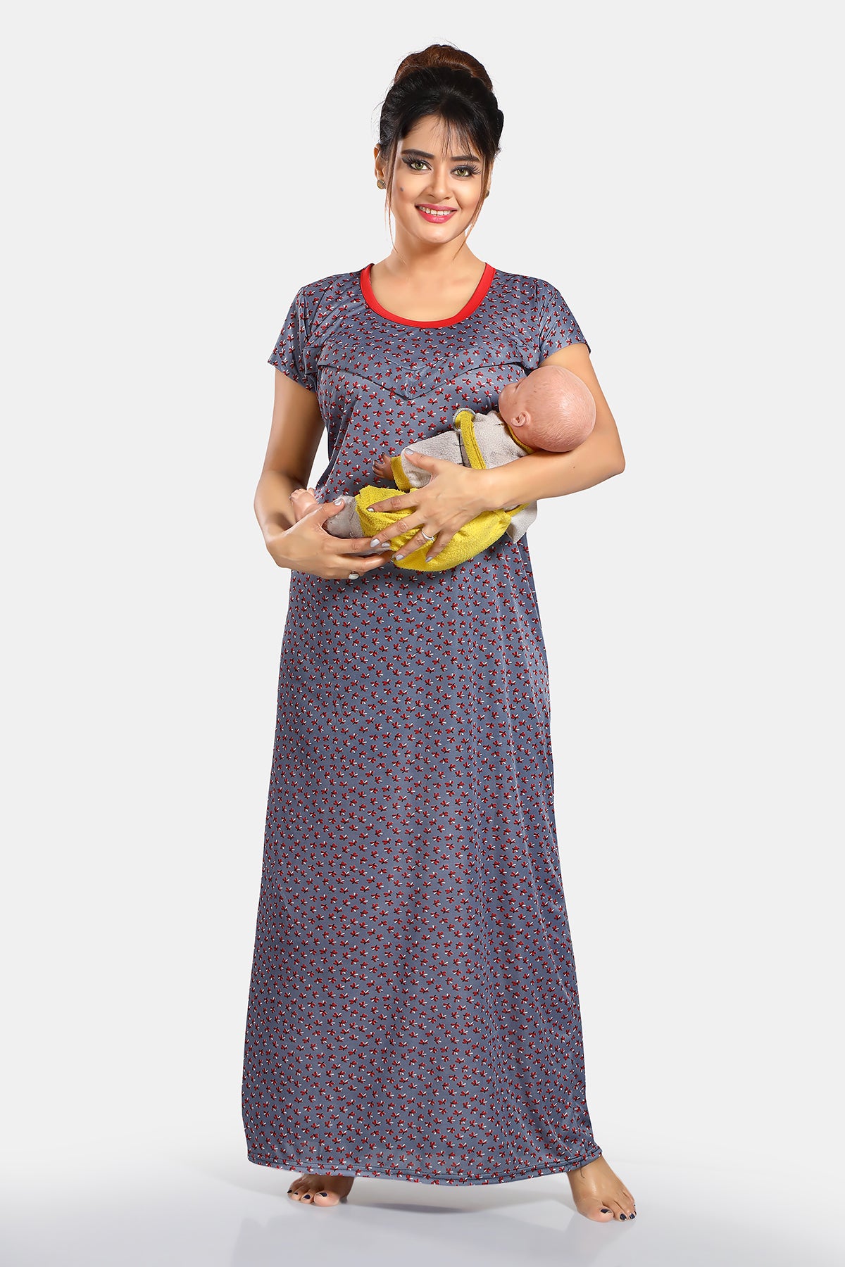 Blue Printed Sarina Satin Feeding & Maternity Gown for Women