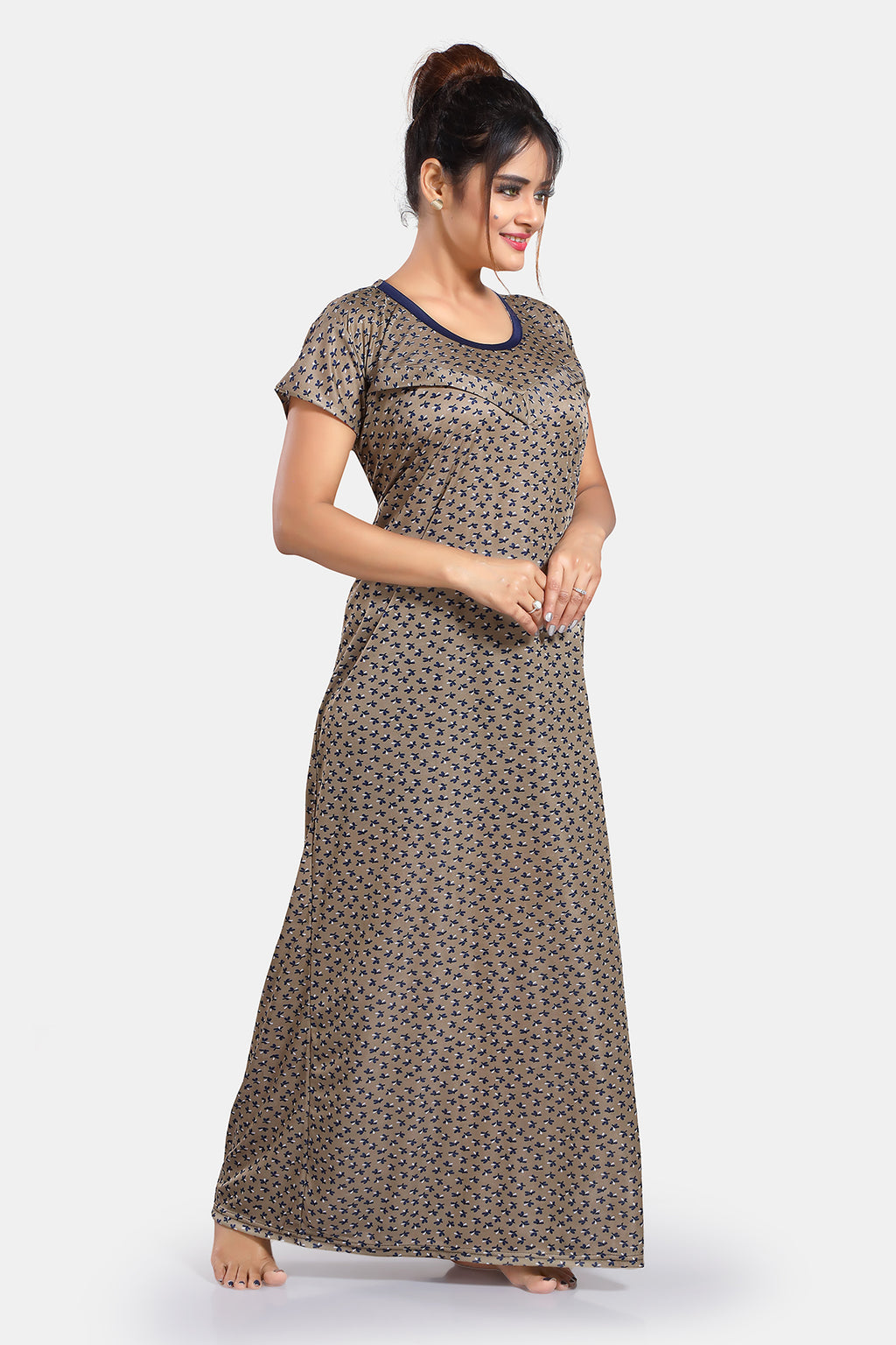 Printed Sarina Satin Feeding / Maternity Gown For Women, Light Grey