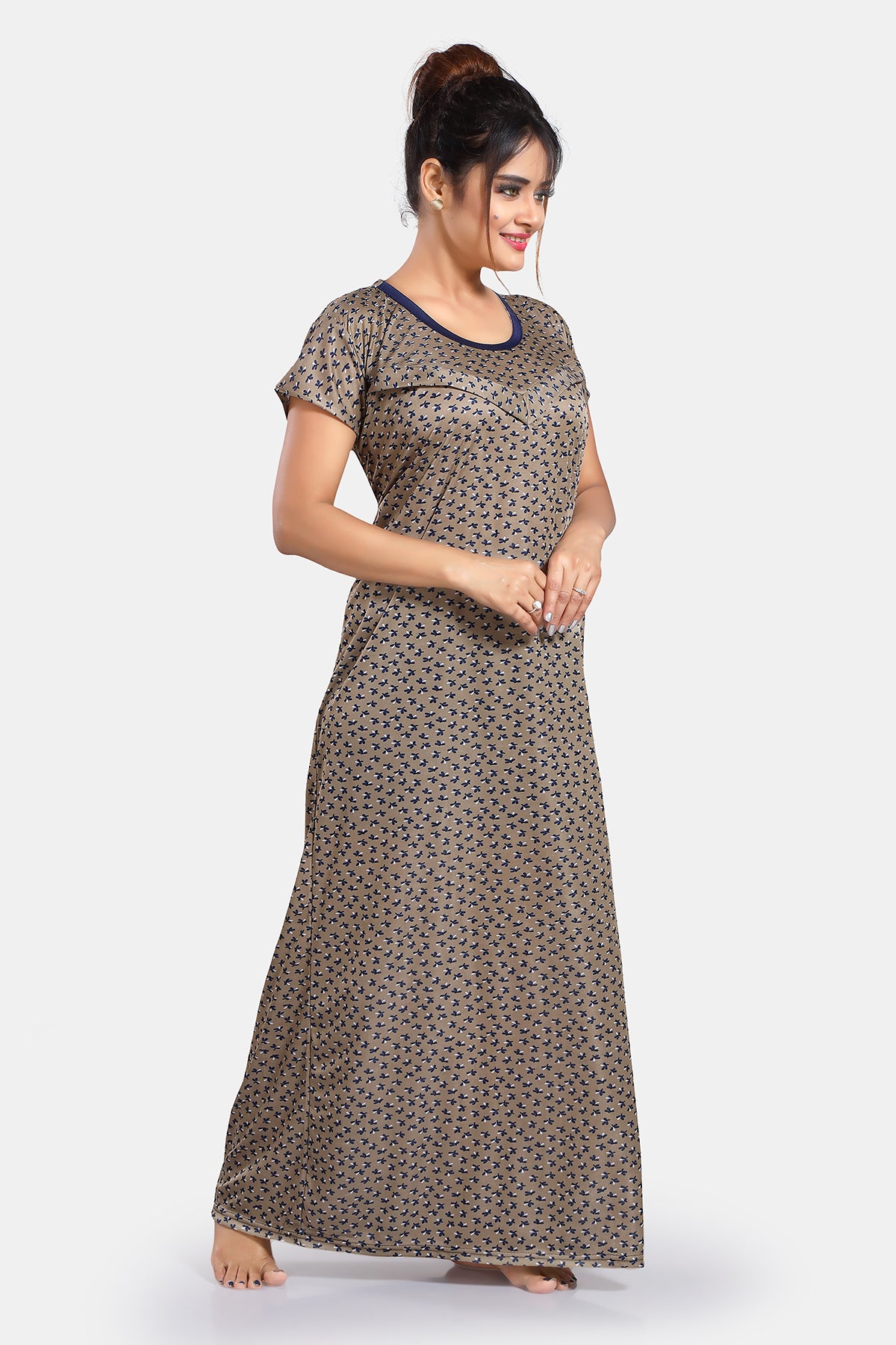 Printed Sarina Satin Feeding / Maternity Gown For Women, Light Grey