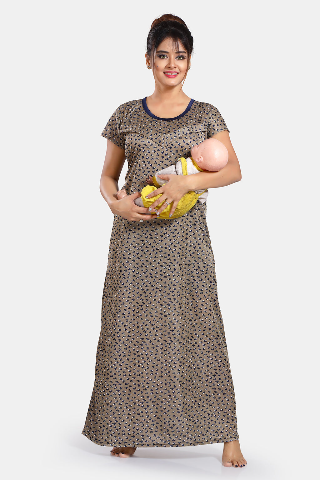 Printed Satin Feeding Gown For Women Front