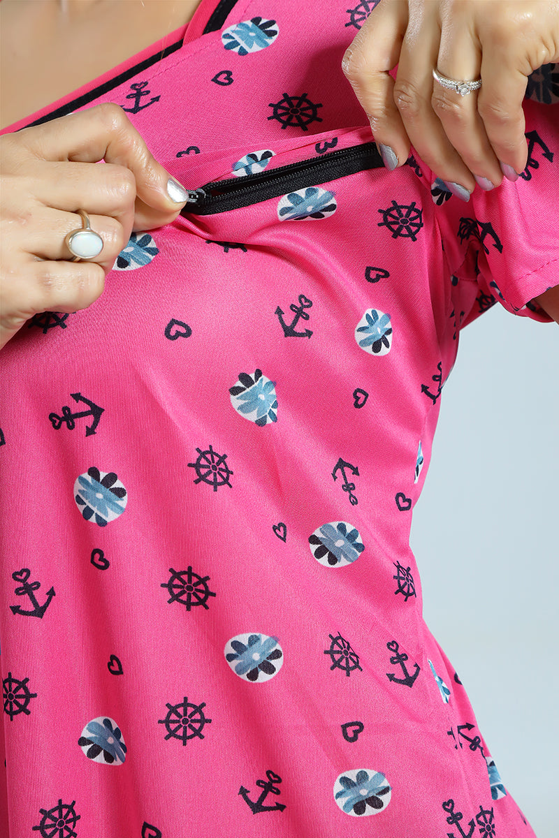 Pink Printed Sarina Satin Feeding Maternity Gown