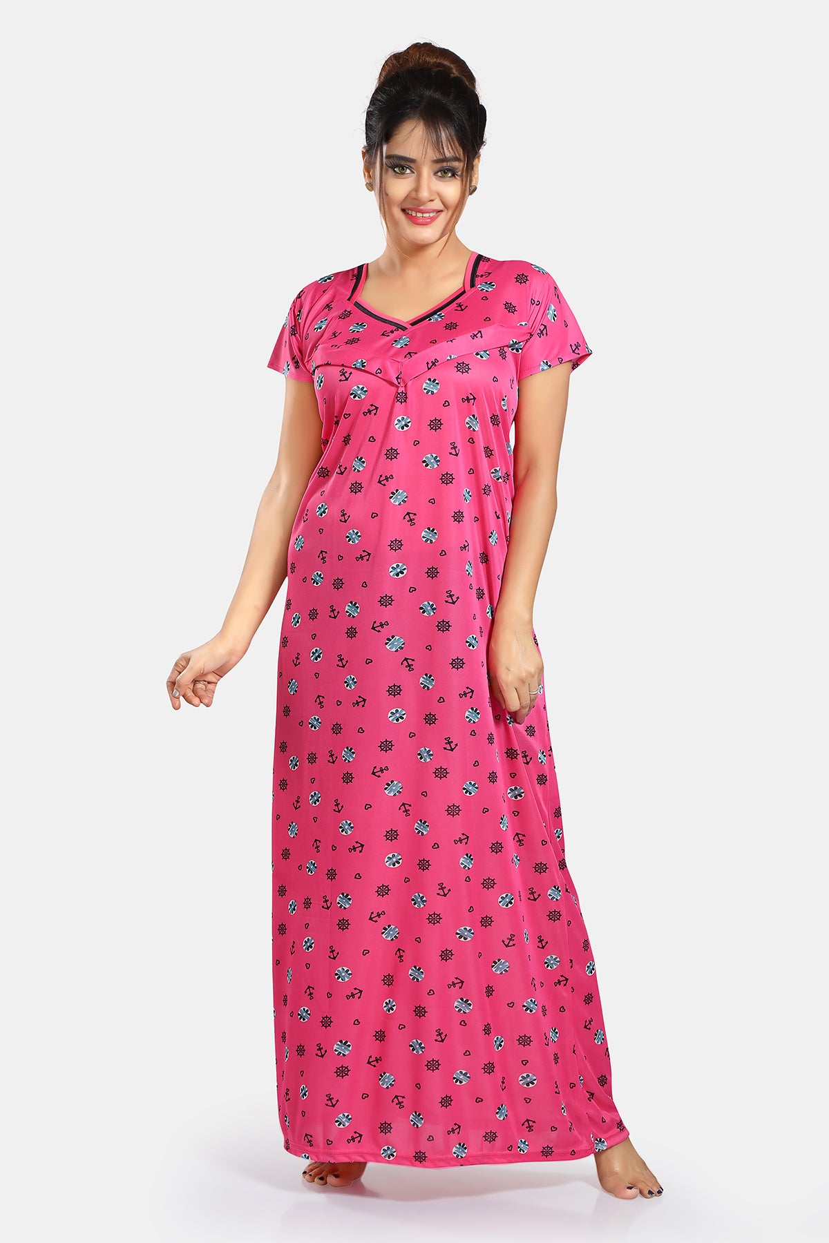 Pink Printed Sarina Satin Feeding Maternity Gown