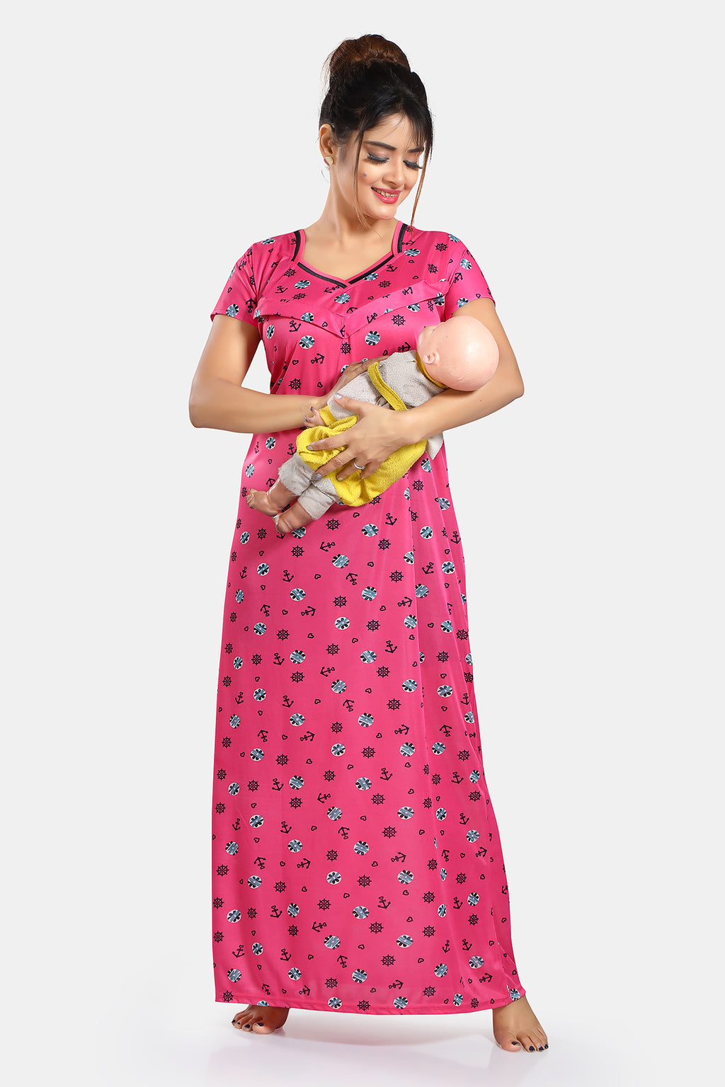 Pink Printed Sarina Satin Feeding Maternity Gown
