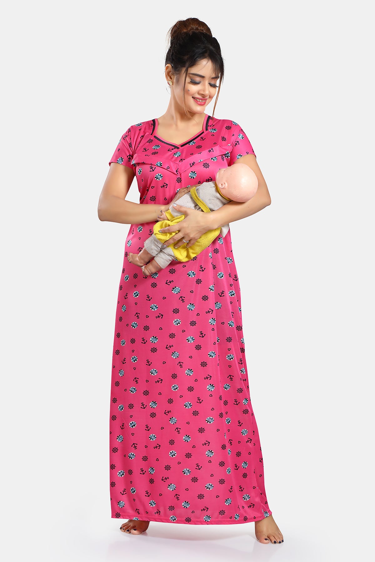 Pink Printed Sarina Satin Feeding Maternity Gown