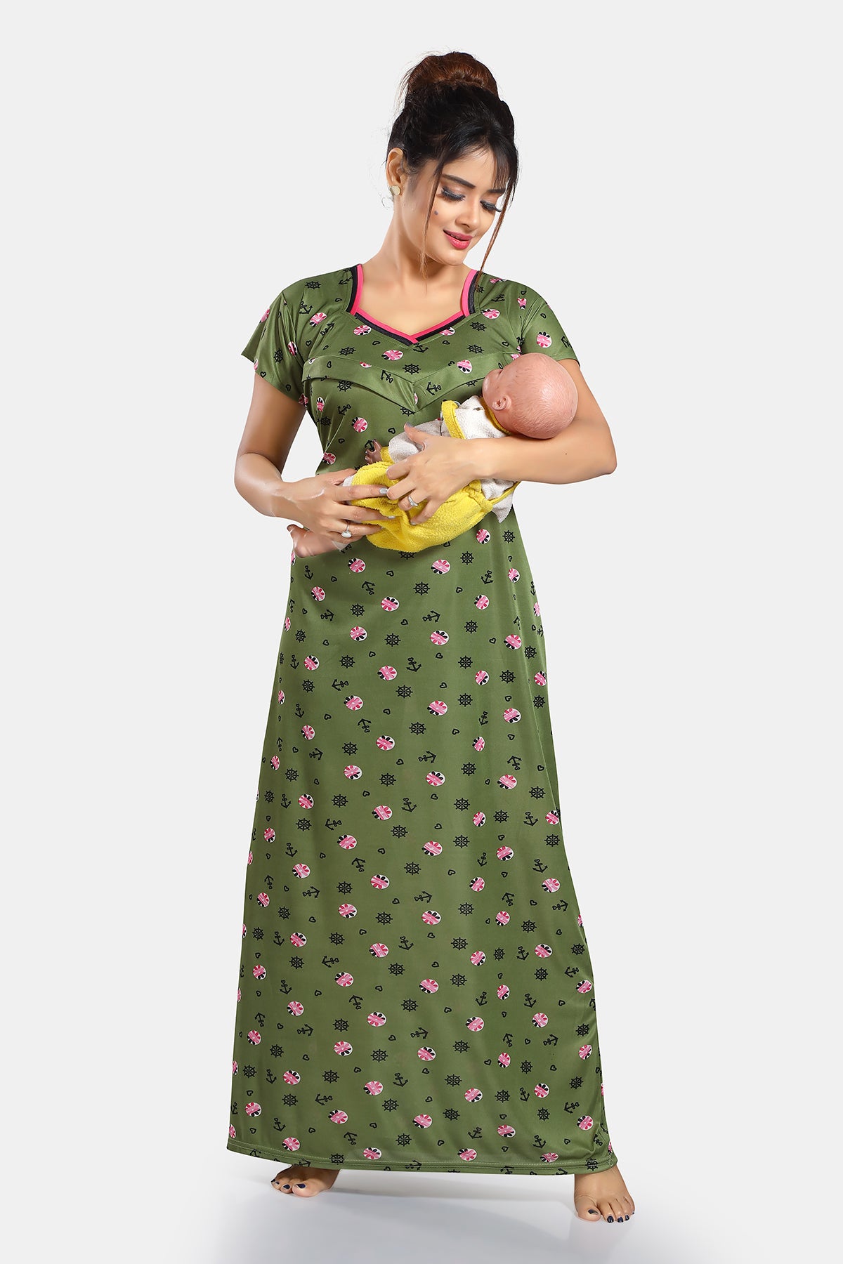 Green Printed Sarina Satin Feeding & Maternity Gown for Women