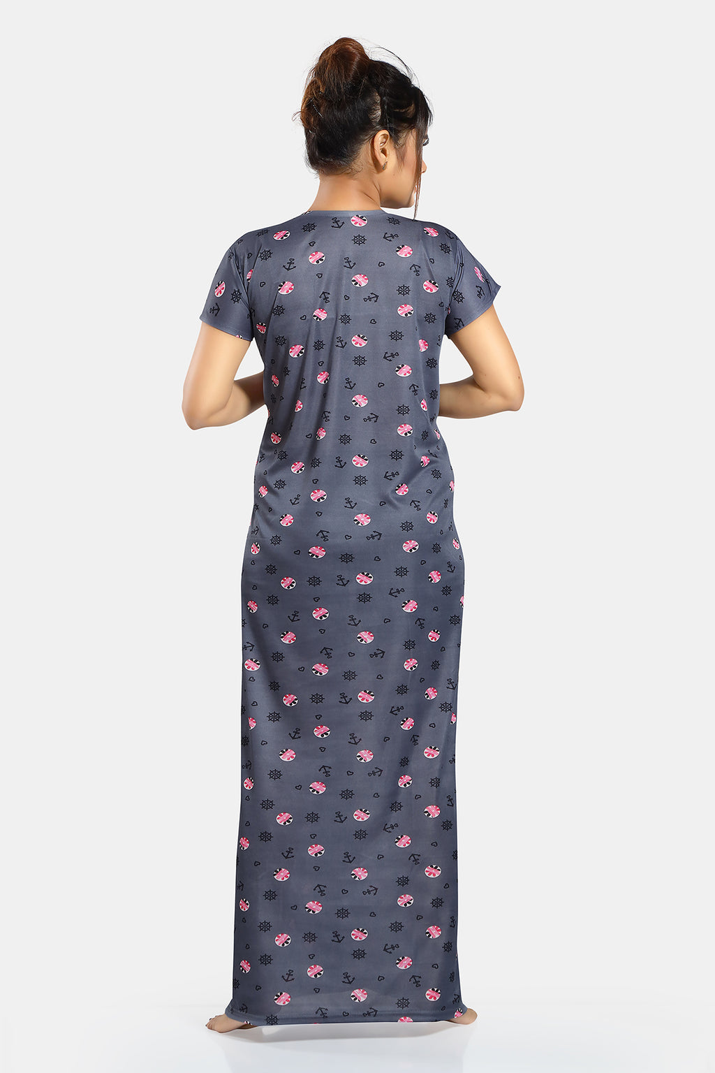 Dark Grey Printed Satin Feeding Maternity Gown