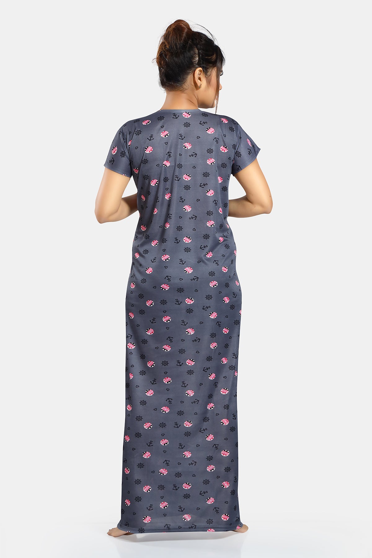 Dark Grey Printed Satin Feeding Maternity Gown