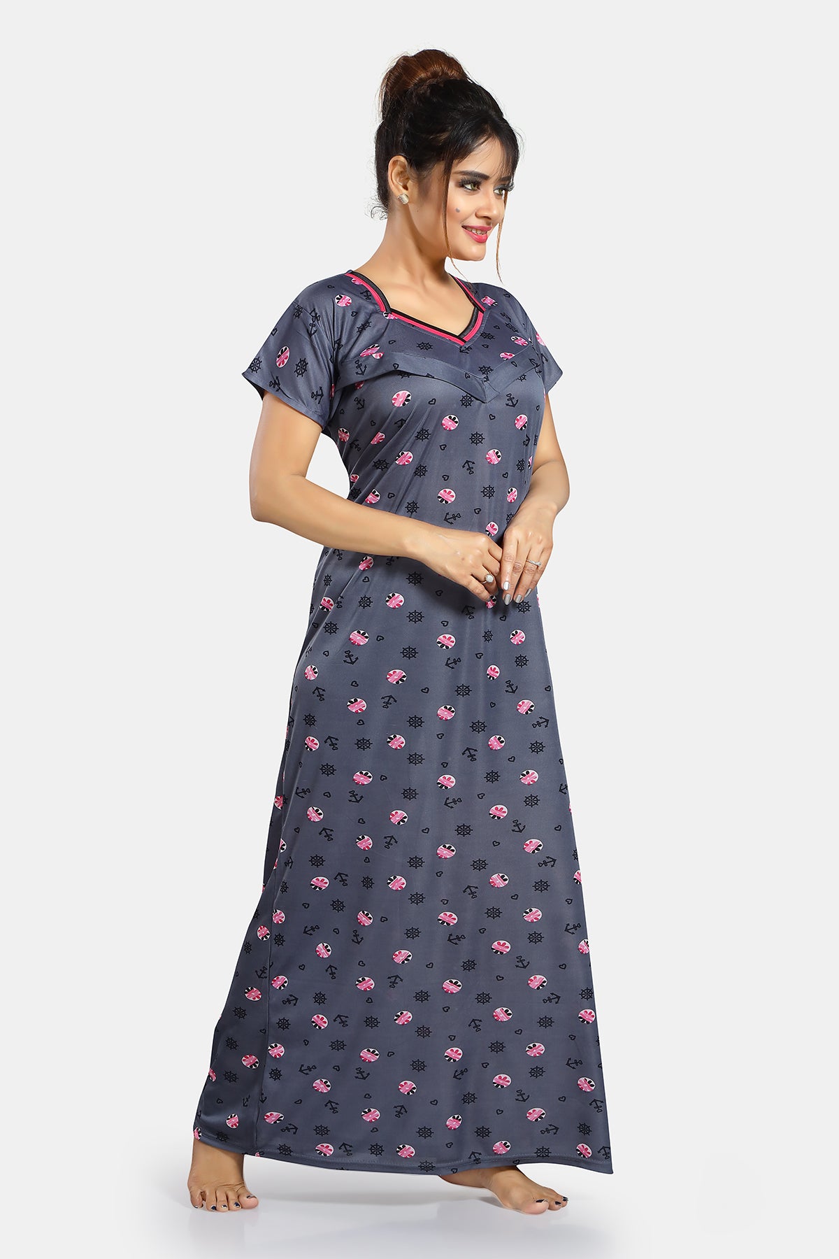 Dark Grey Printed Satin Feeding Maternity Gown