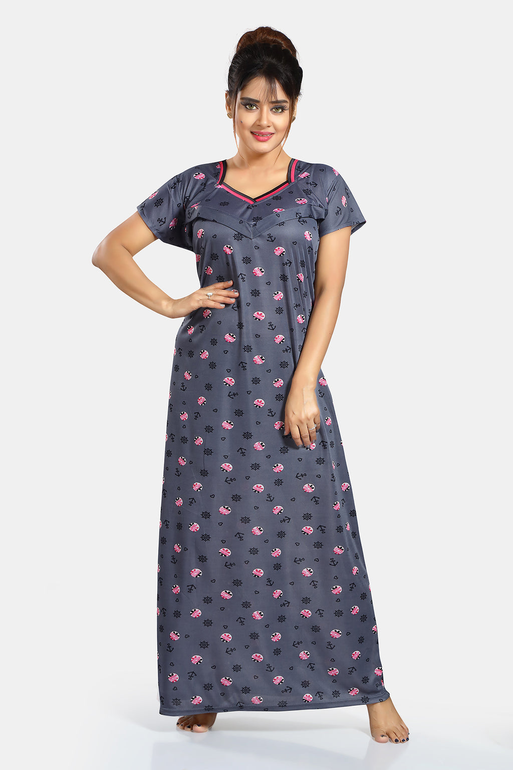 Dark Grey Printed Satin Feeding Maternity Gown
