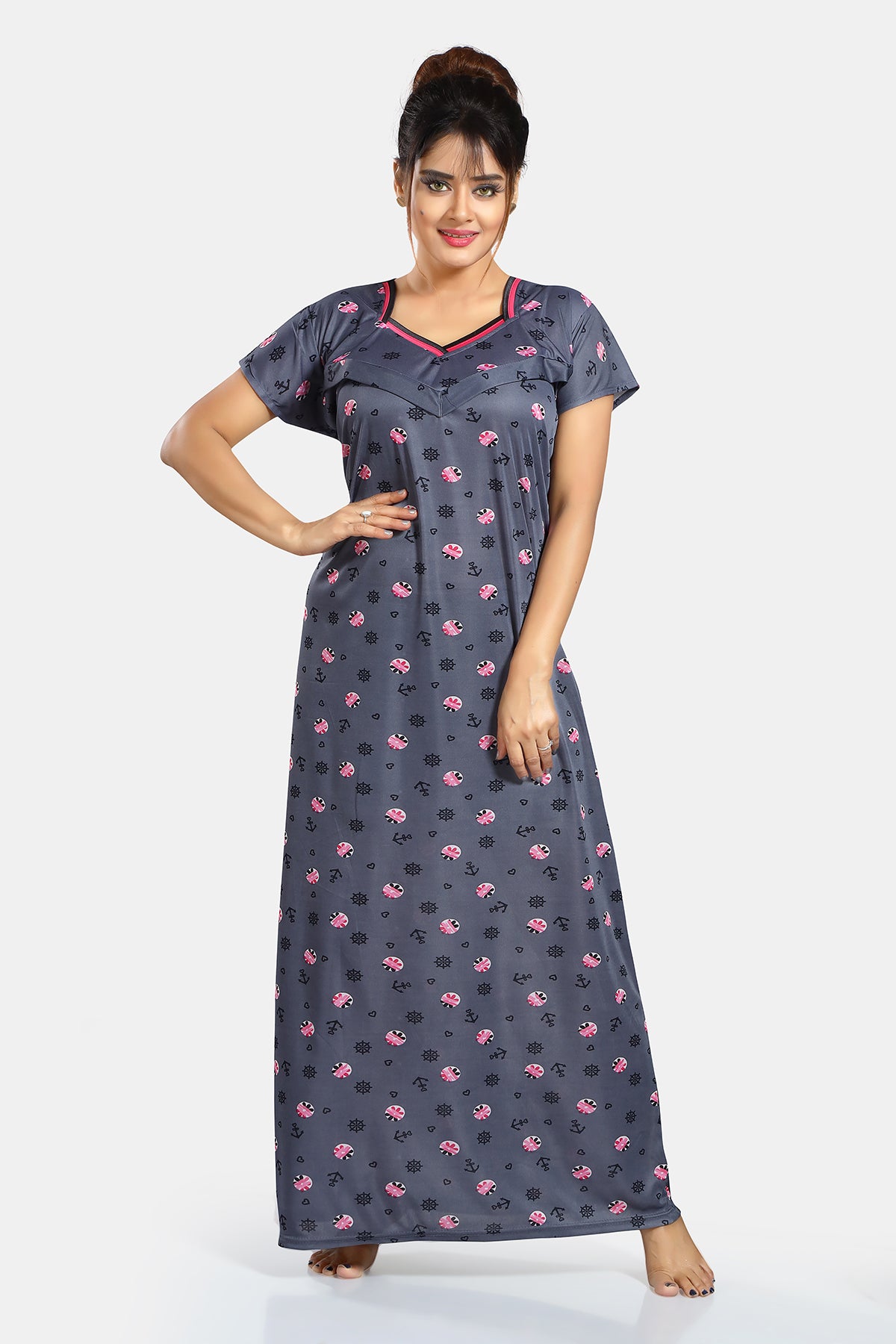 Dark Grey Printed Satin Feeding Maternity Gown