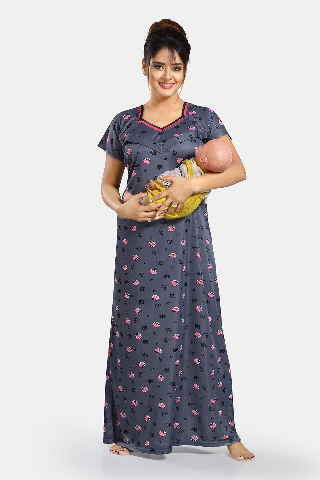 Dark Grey Printed Satin Feeding Maternity Gown