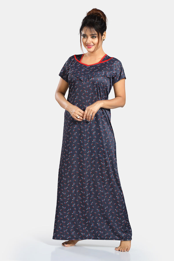 Grey Printed Sarina Satin Feeding Maternity Gown