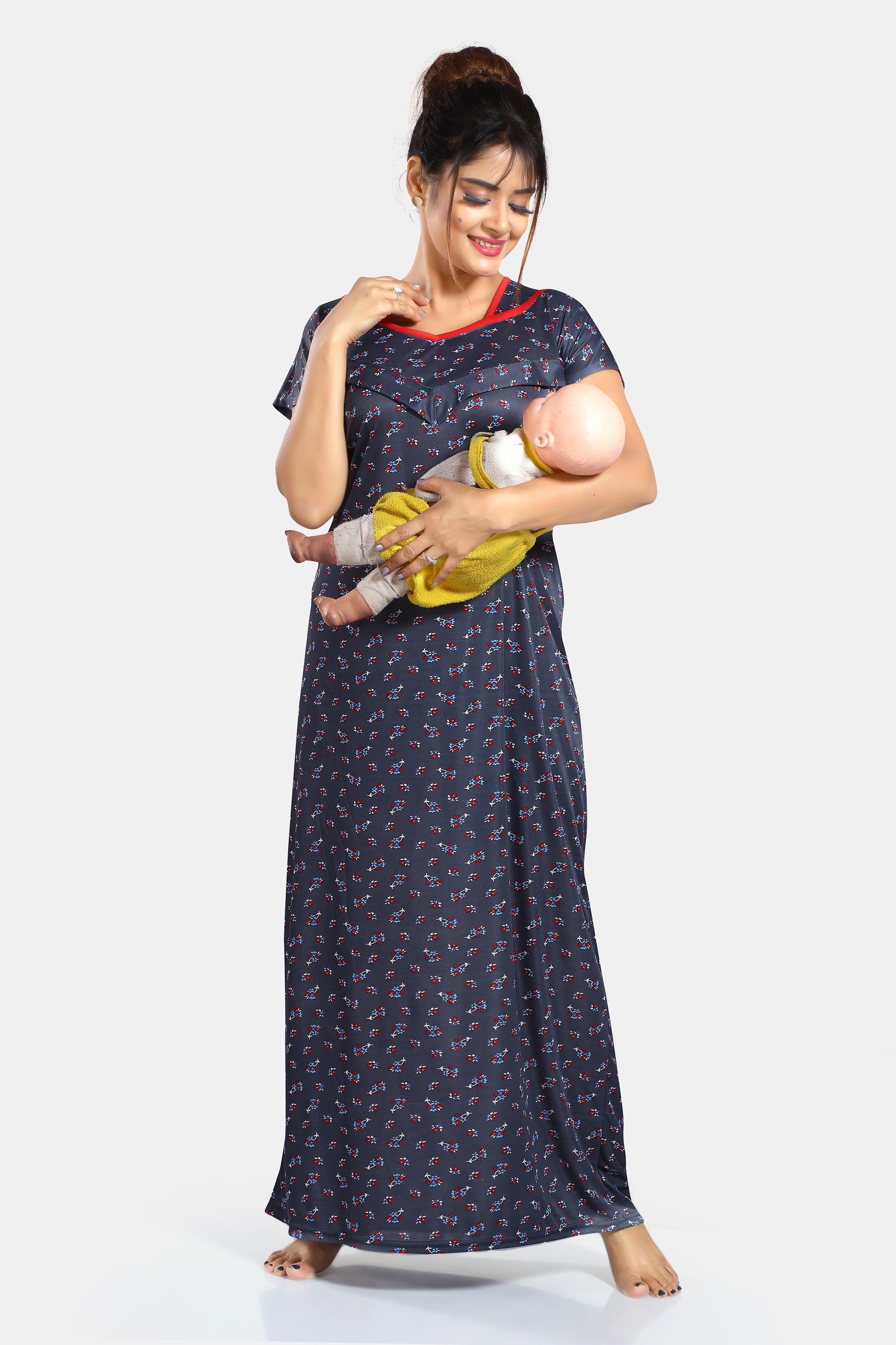 Grey Printed Sarina Satin Feeding Maternity Gown
