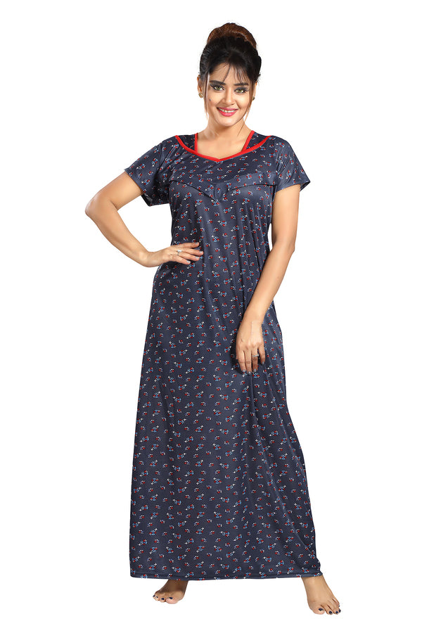 Grey Printed Sarina Satin Feeding Maternity Gown