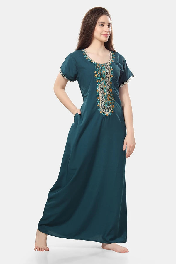 Embroidered Lizzy Bizzy Cotton Maxi Nighty for Women Side View