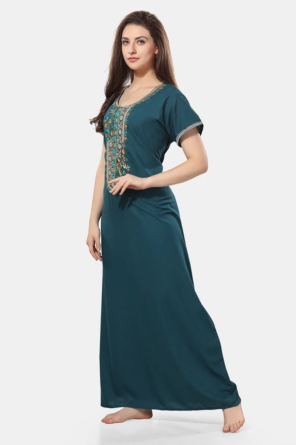Women Embroidered Lizzy Bizzy Cotton Maxi Nighty