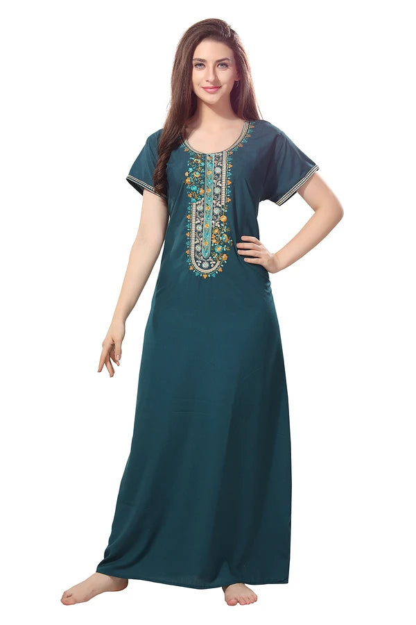 Embroidered Lizzy Bizzy Cotton Maxi Nighty for Women