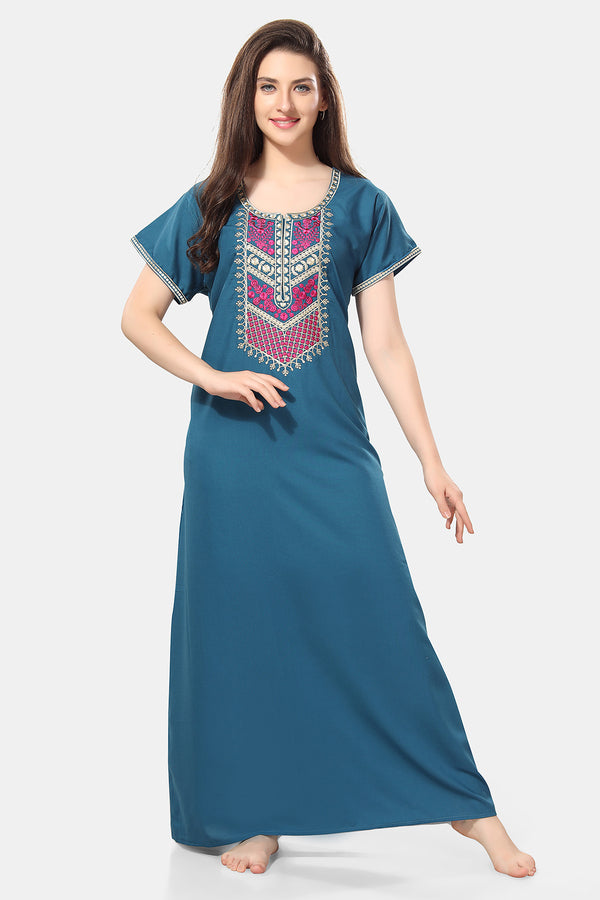 Embroidered Lizzy Bizzy Cotton Maxi Nighty 