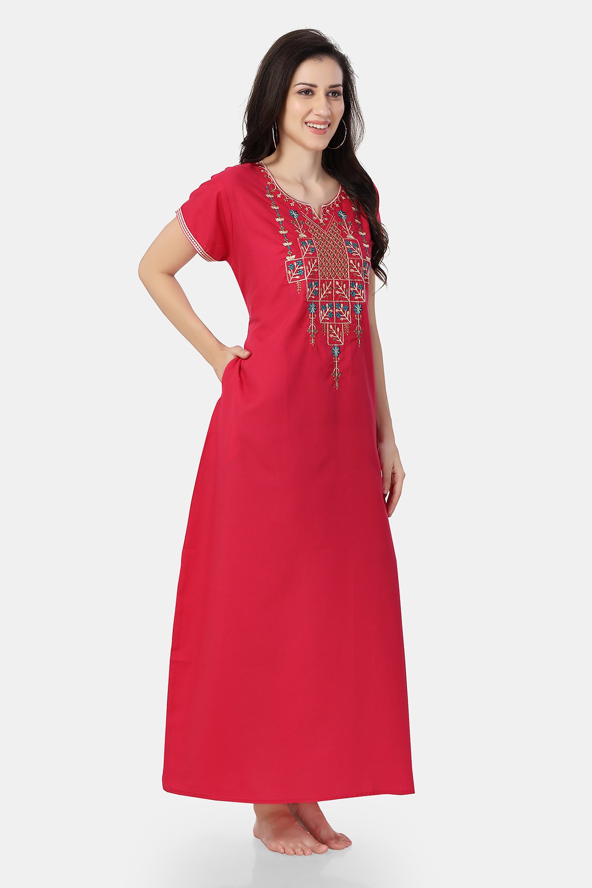 Pink Embroidered Lizzy Bizzy Cotton Maxi Nighty for Women