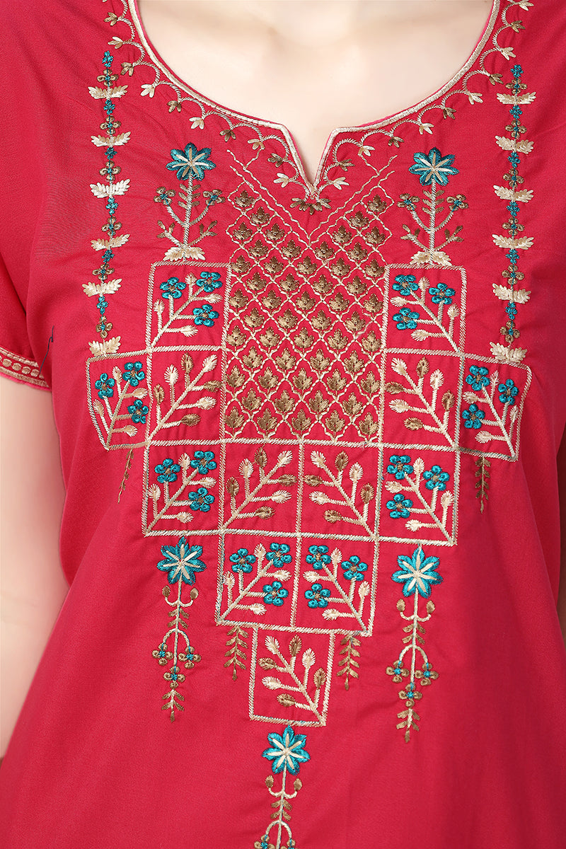 Pink Embroidered Lizzy Bizzy Cotton Maxi Nighty for Women