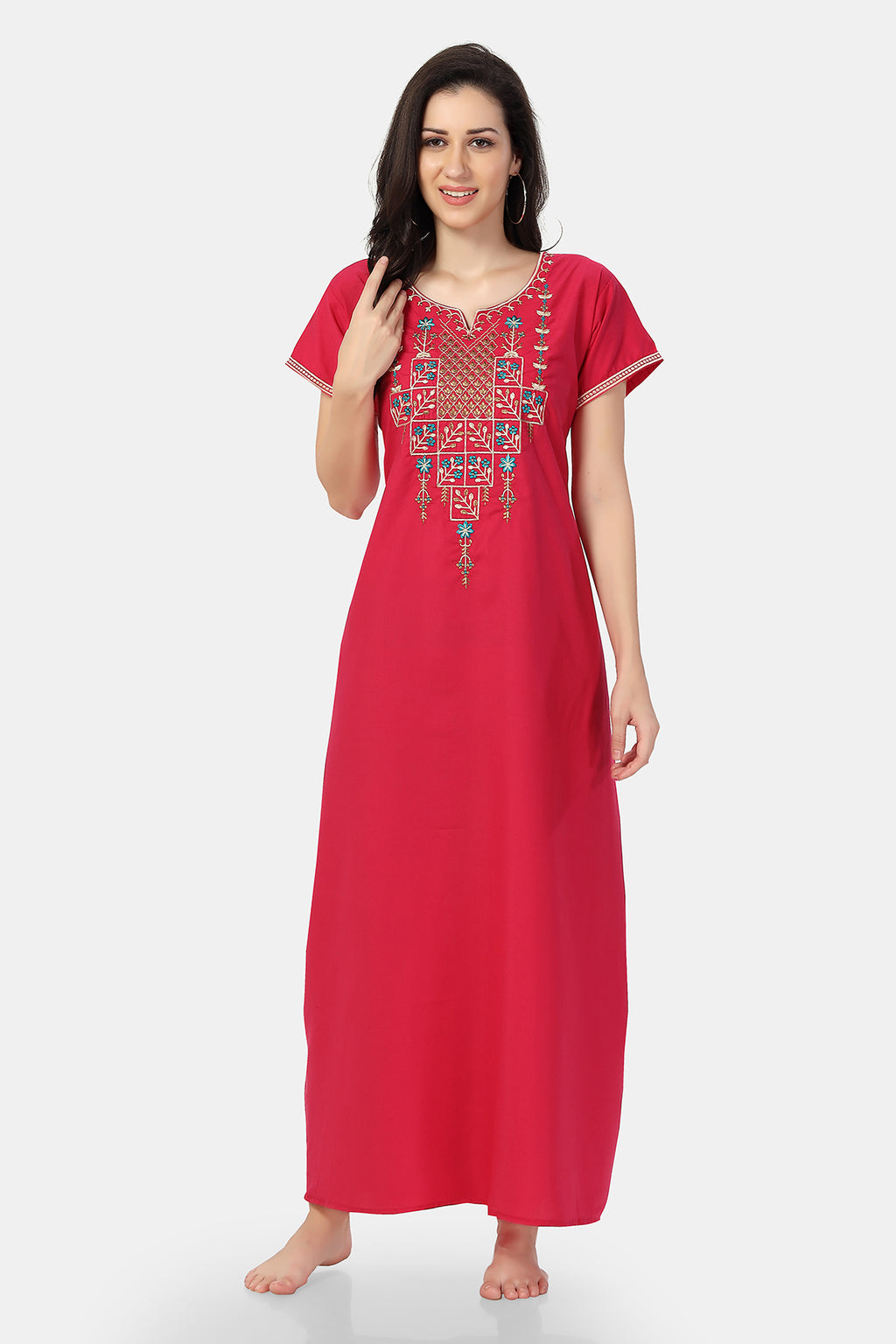 Pink Embroidered Lizzy Bizzy Cotton Maxi Nighty for Women