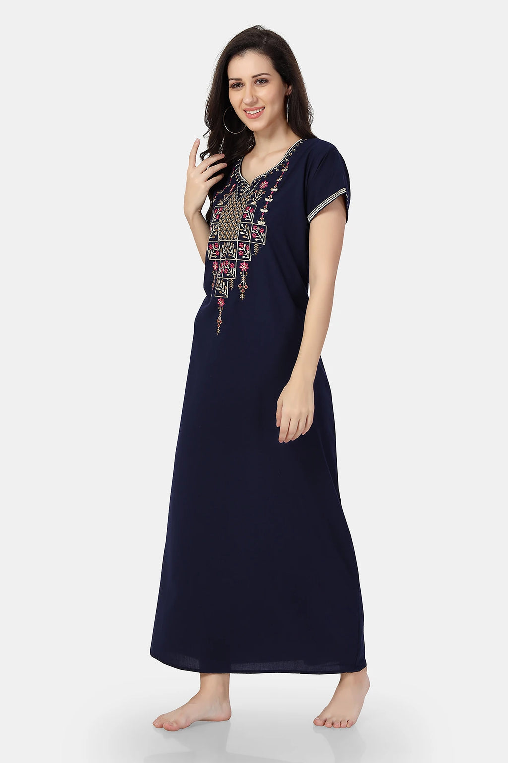 Navy blue embroidered cotton maxi nighty for women
