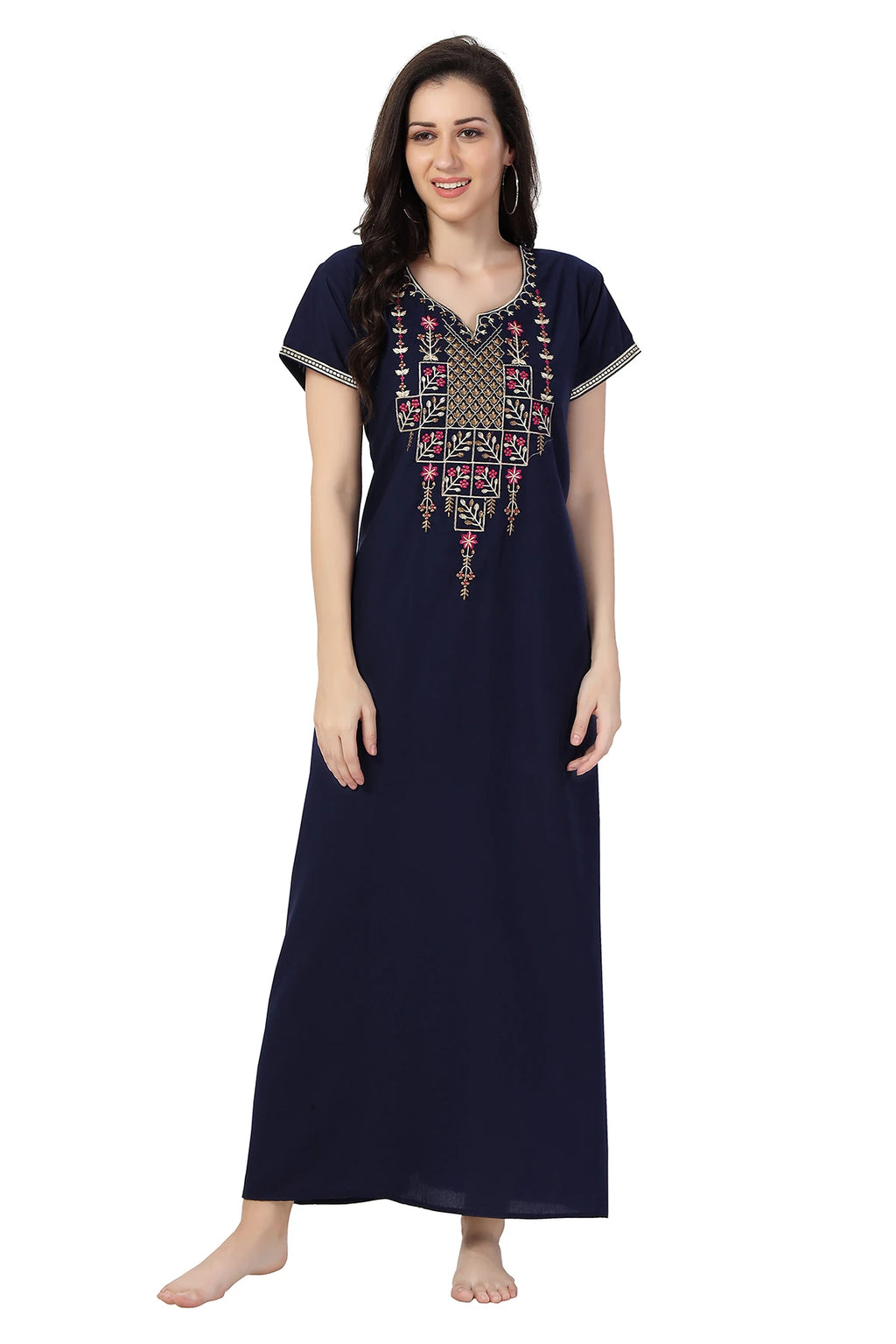 Women navy blue cotton nighty front view

