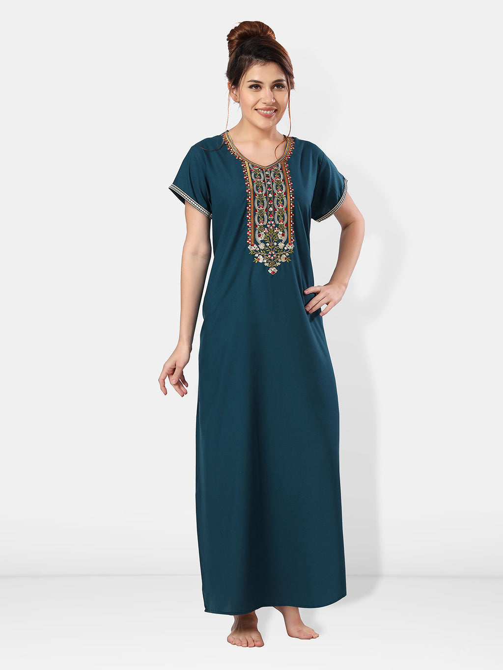 Embroidered Lizzy Bizzy Cotton Maxi Nighty for Women