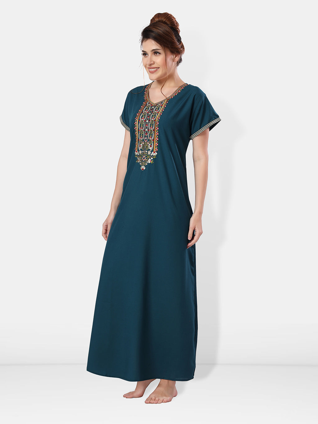 Embroidered Lizzy Bizzy Cotton Maxi Nighty for Women