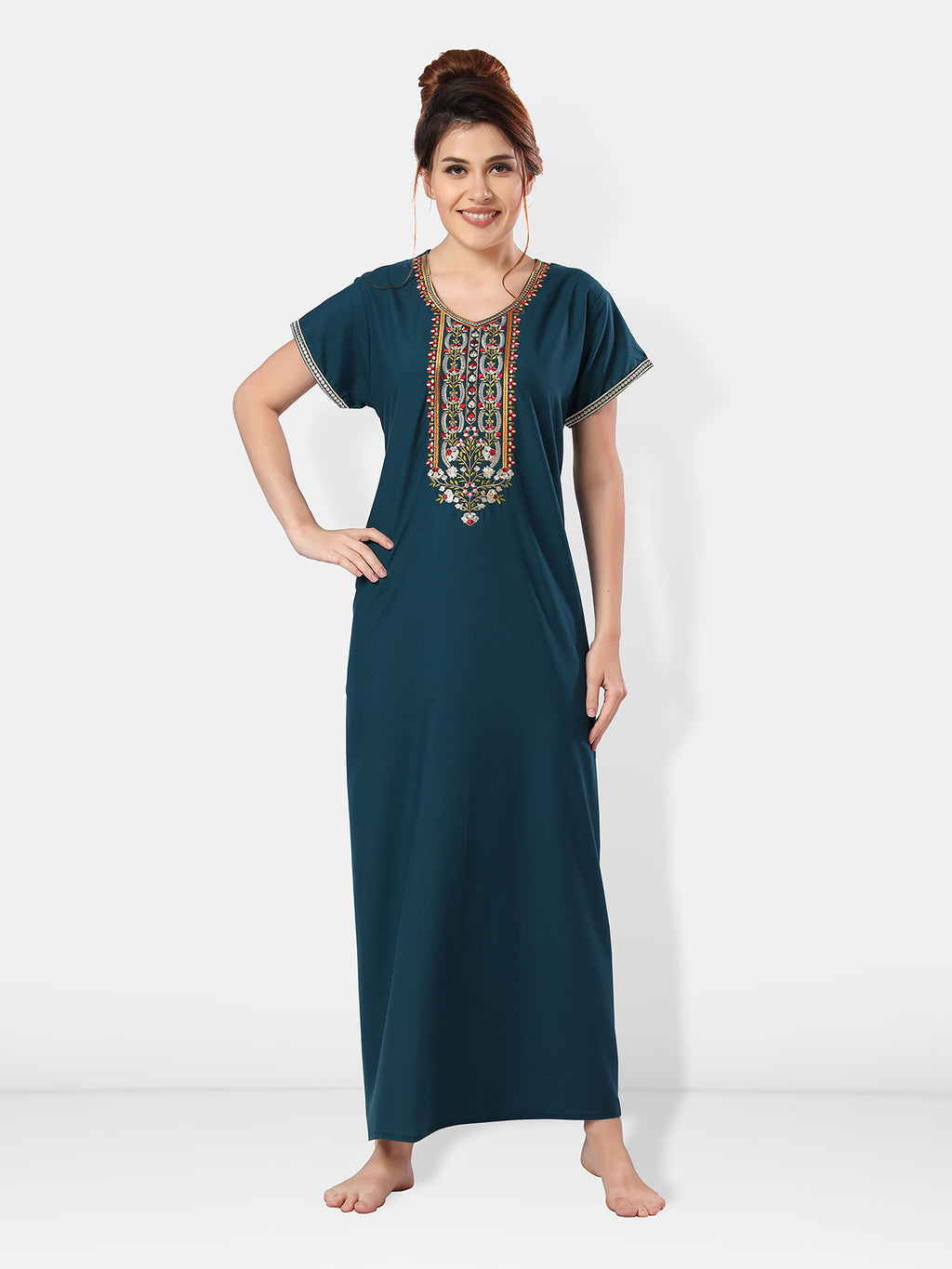 Embroidered Lizzy Bizzy Cotton Maxi Nighty for Women