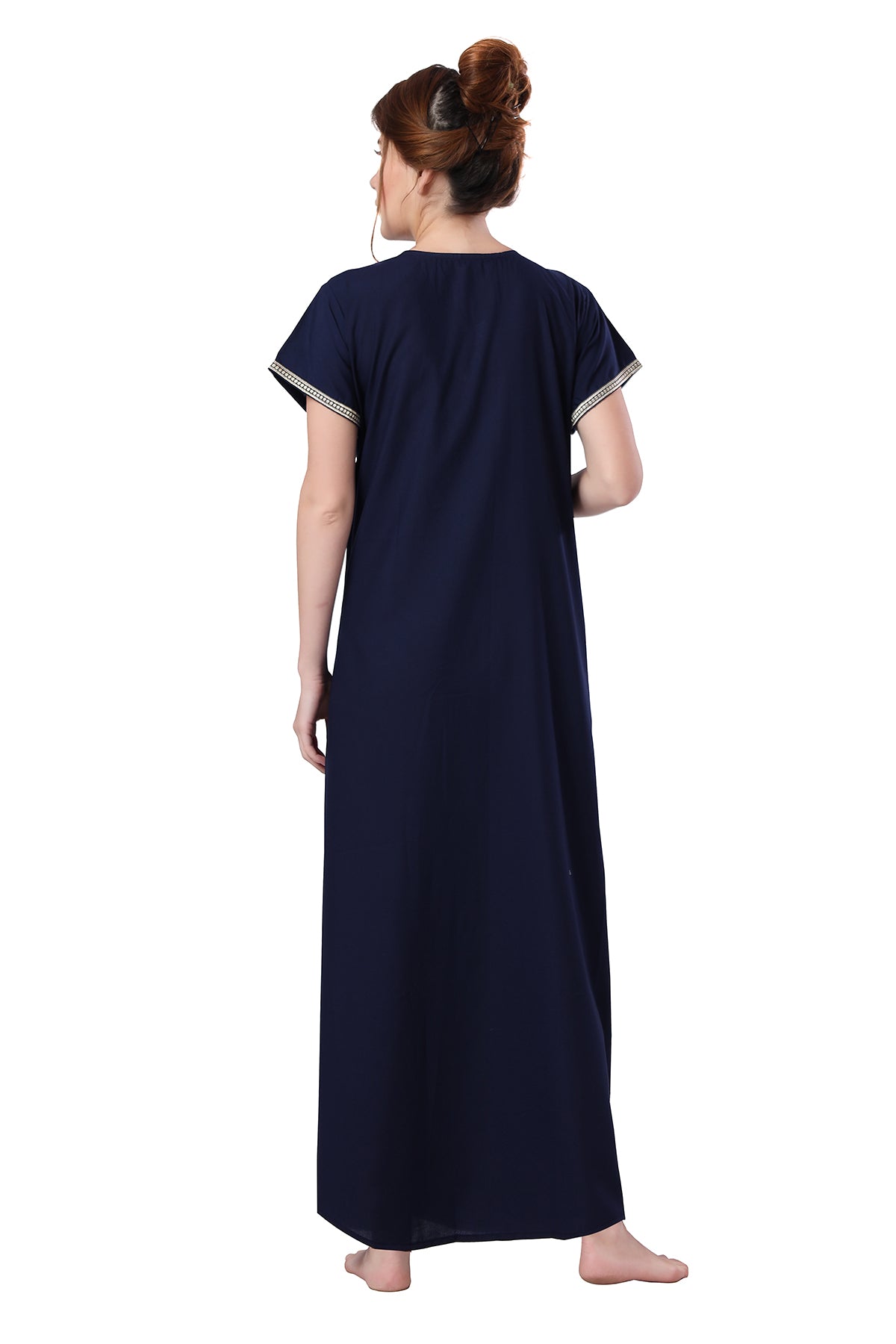 Navy Blue  Embroidered Lizzy Bizzy Cotton Maxi Nighty for Women