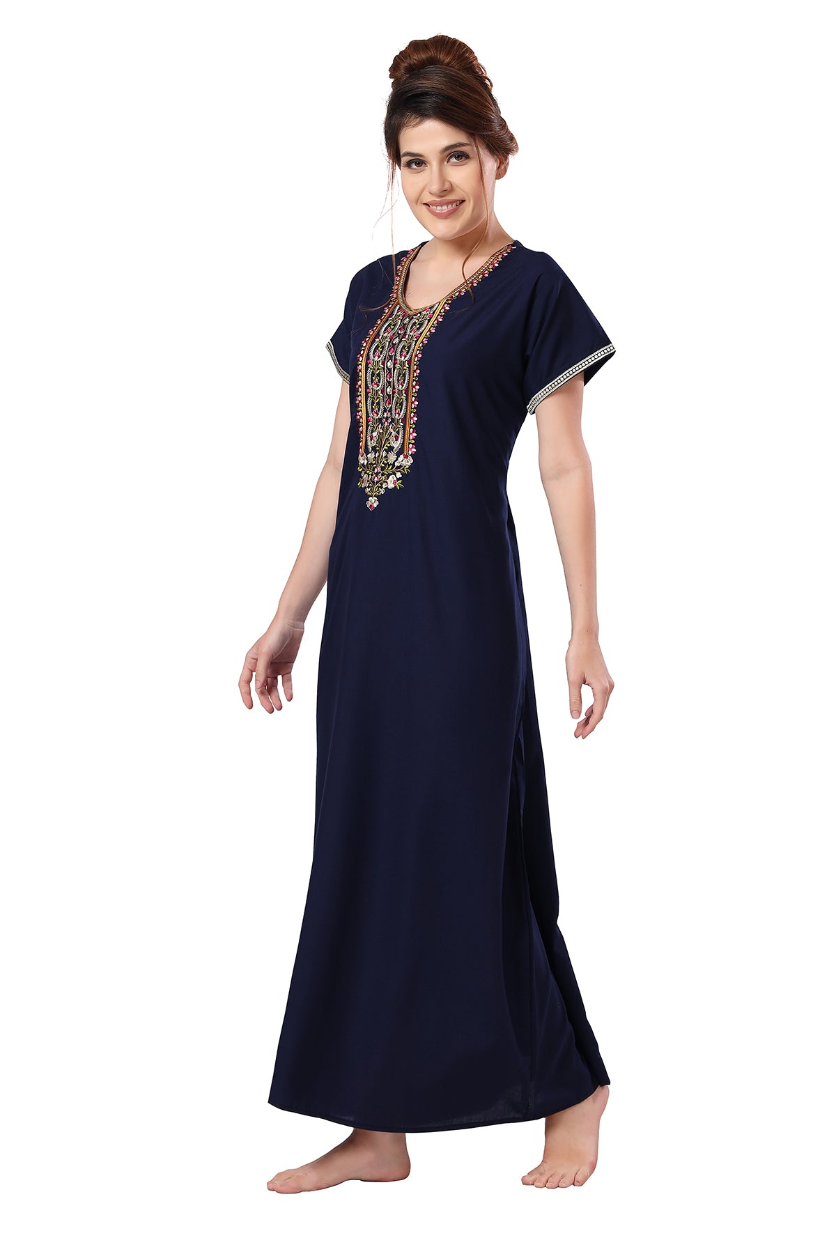 Navy Blue  Embroidered Lizzy Bizzy Cotton Maxi Nighty for Women