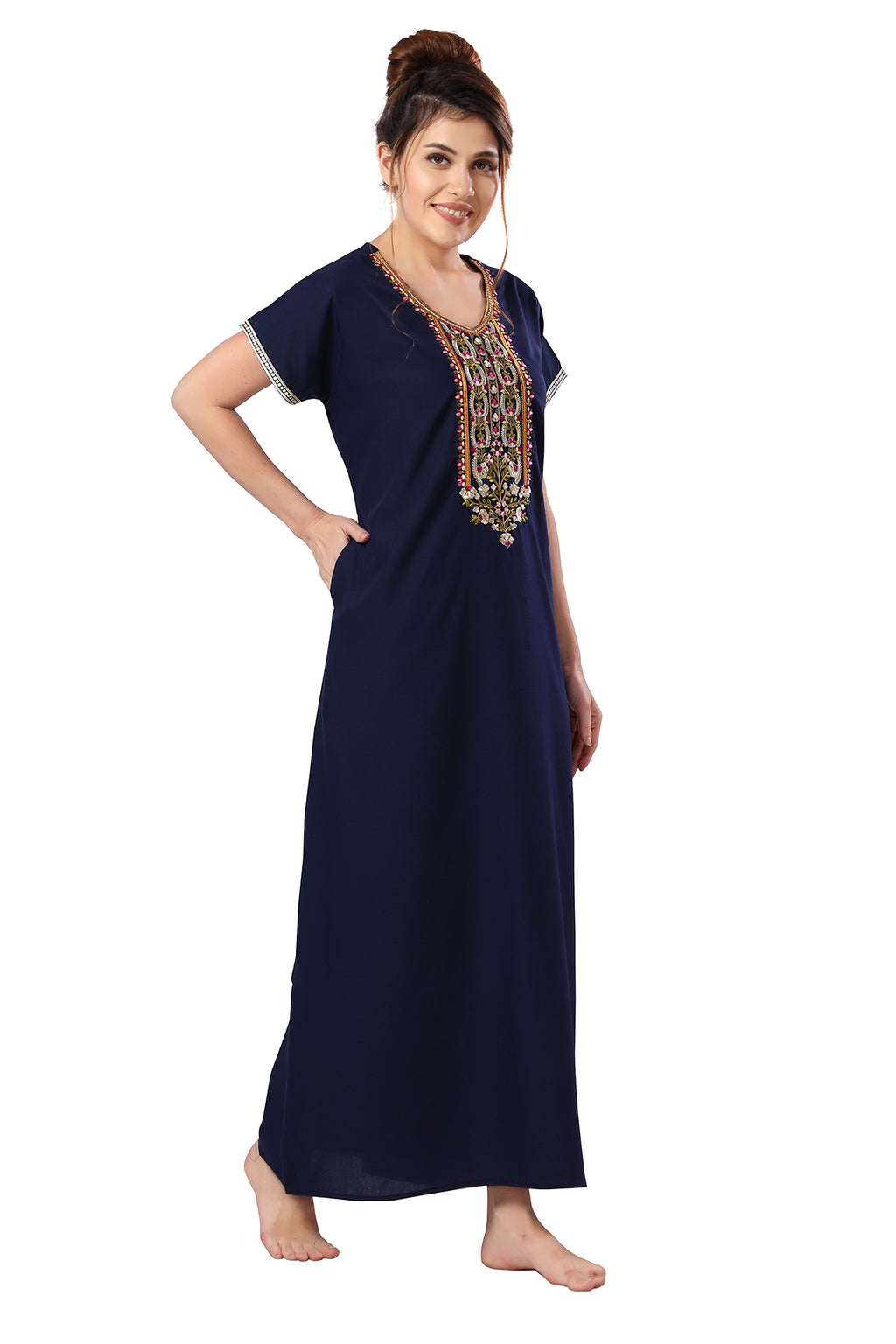 Navy Blue  Embroidered Lizzy Bizzy Cotton Maxi Nighty for Women