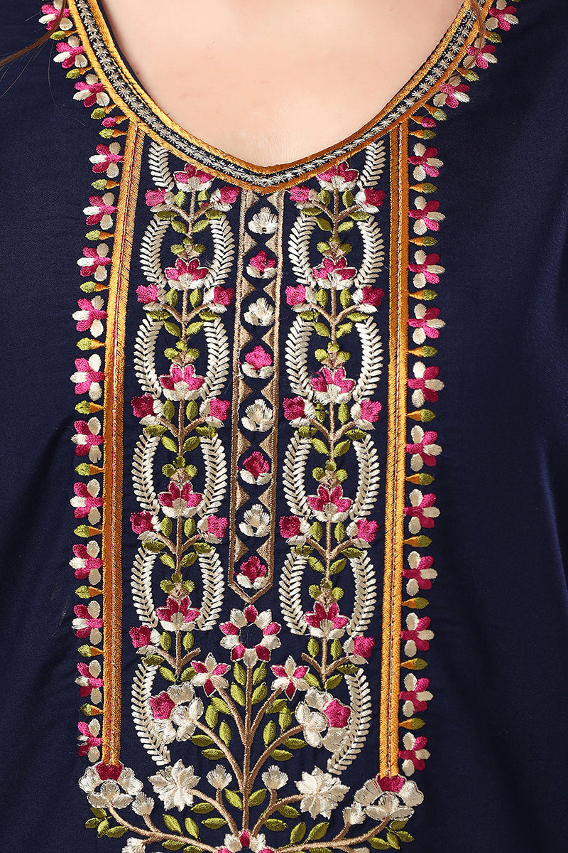 Navy Blue  Embroidered Lizzy Bizzy Cotton Maxi Nighty for Women