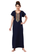 Navy Blue  Embroidered Lizzy Bizzy Cotton Maxi Nighty for Women