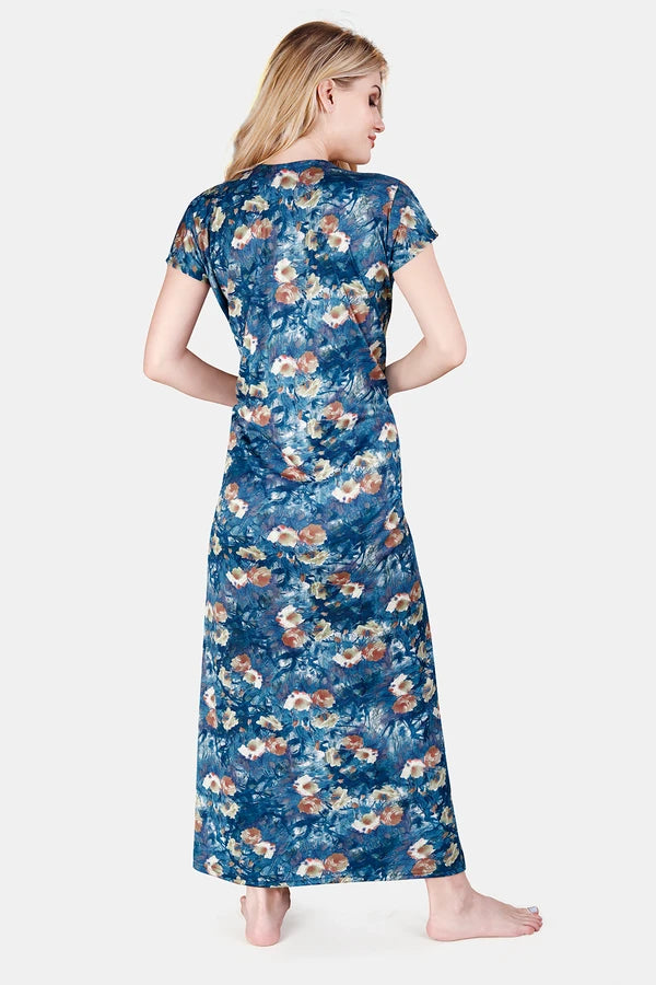 Back view of blue maternity feeding night gown
