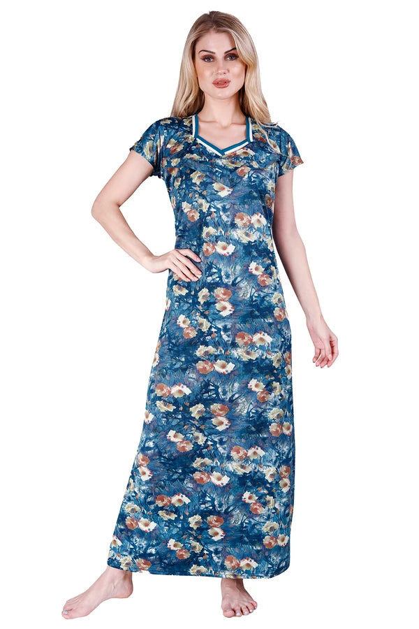 Blue floral maternity feeding gown for women front view
