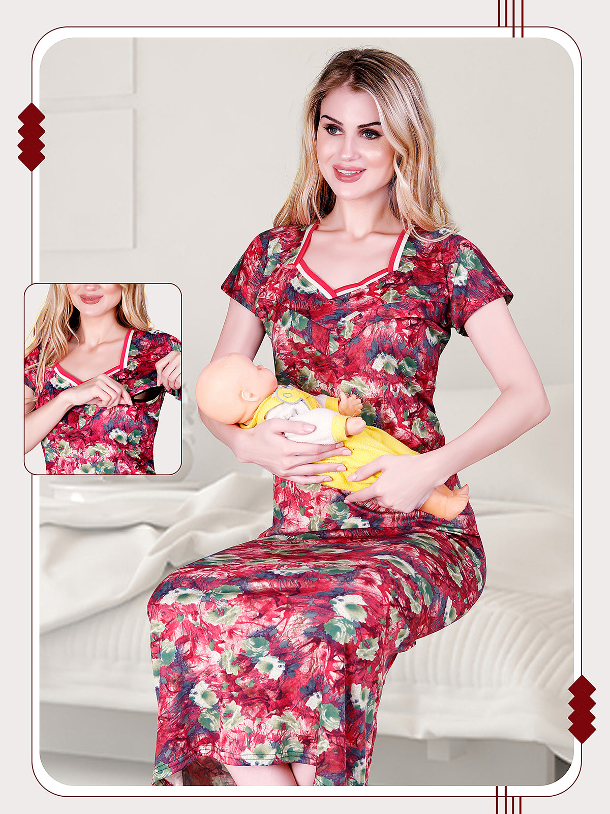 Floral Print Sarina Satin Maternity / Feeding Gown for Women 