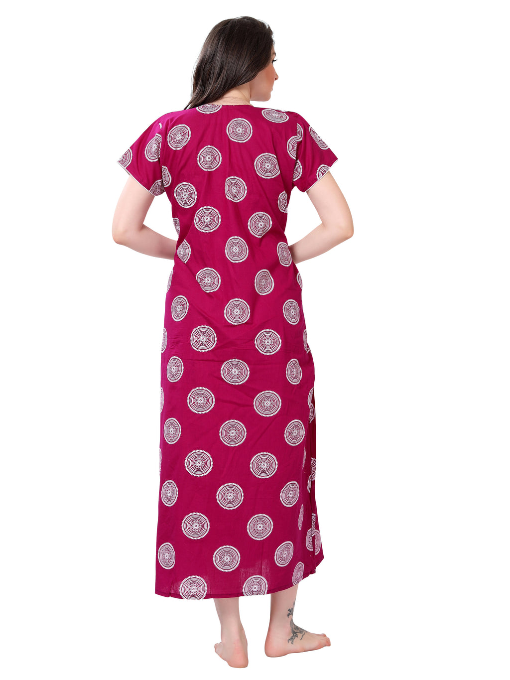 Magenta Printed Cotton Maxi Night Gown for Women