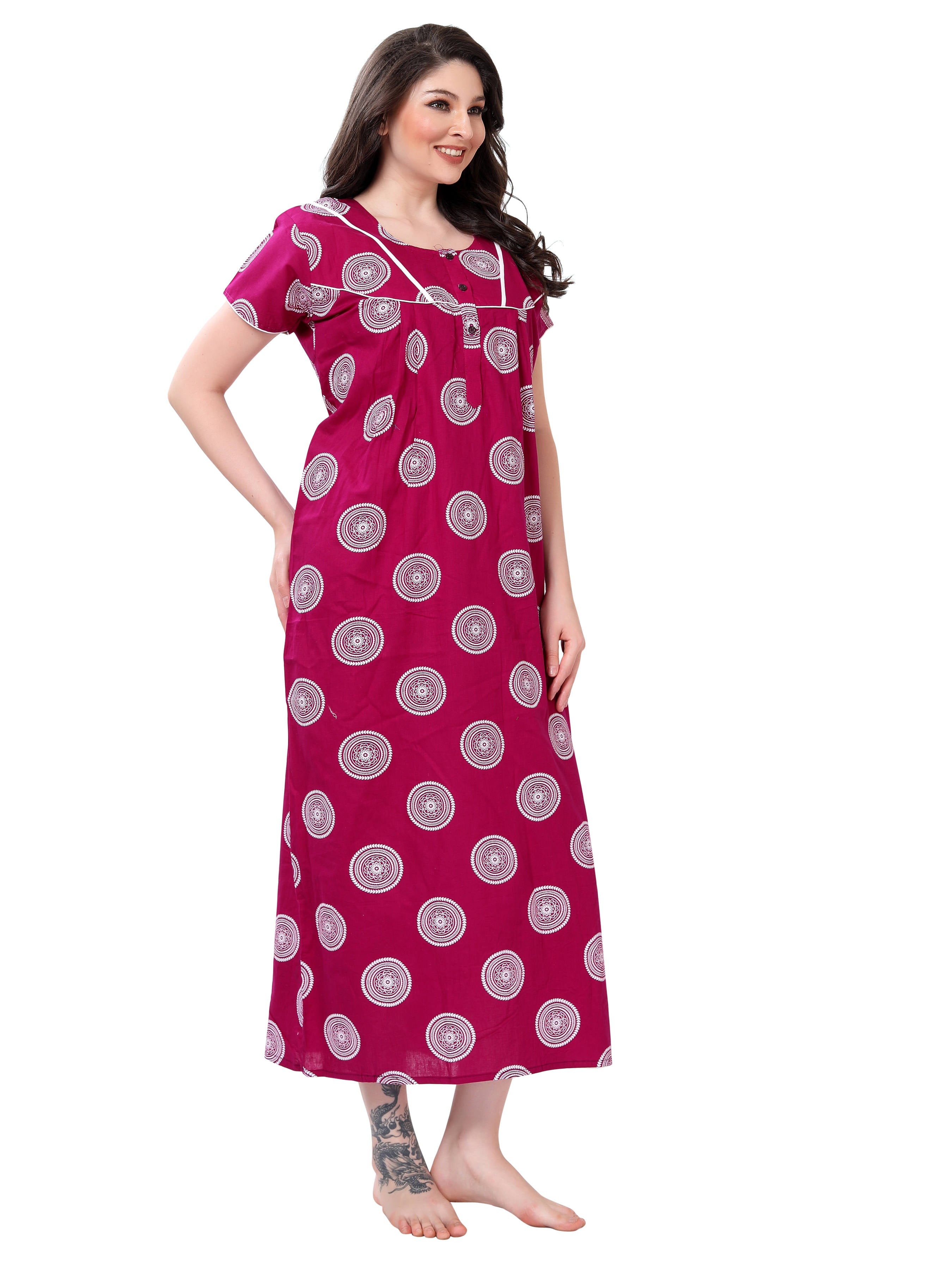 Magenta Printed Cotton Maxi Night Gown for Women