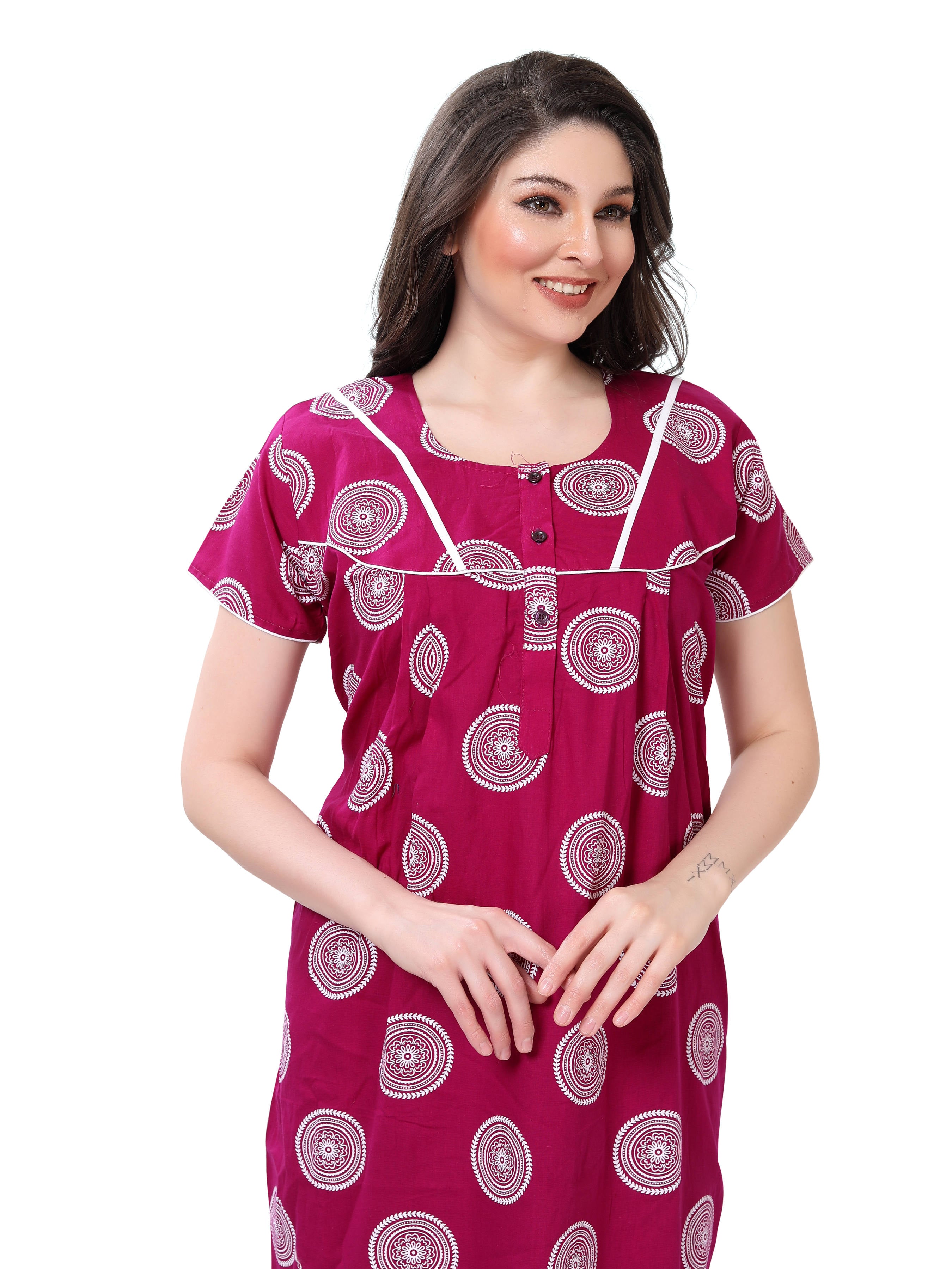 Magenta Printed Cotton Maxi Night Gown for Women