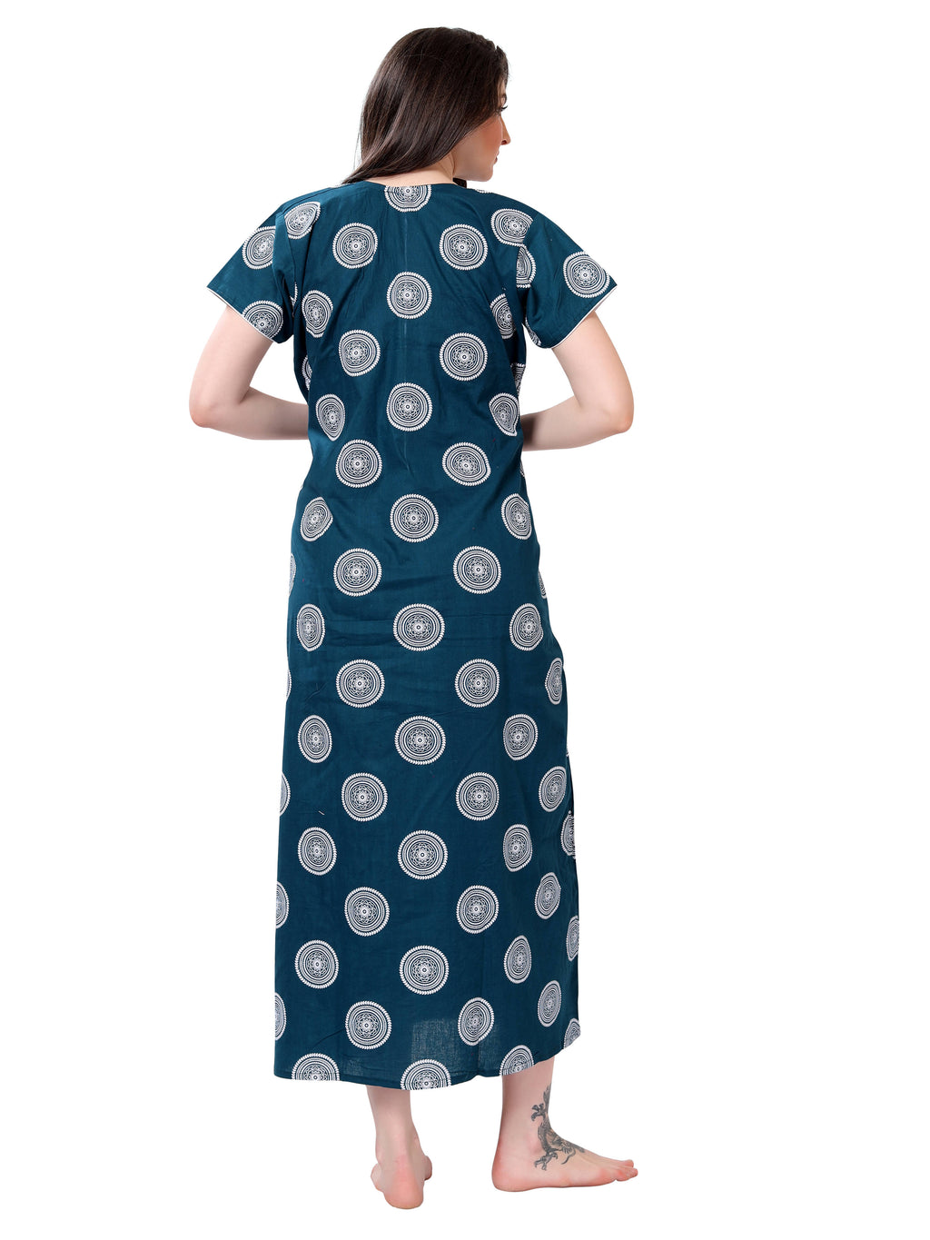 Teal Blue Printed Cotton Maxi Night Gown for Women