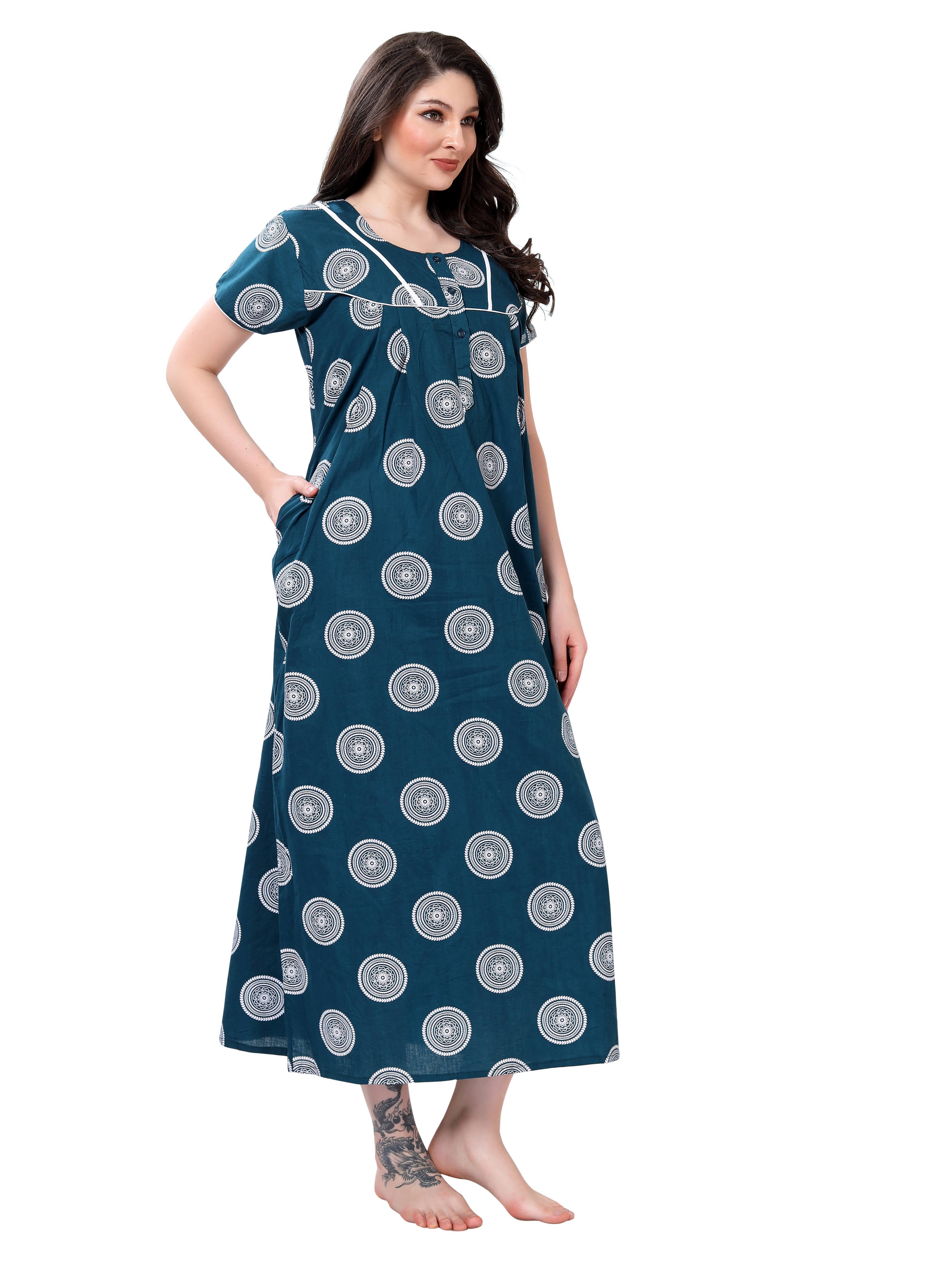 Teal Blue Printed Cotton Maxi Night Gown for Women