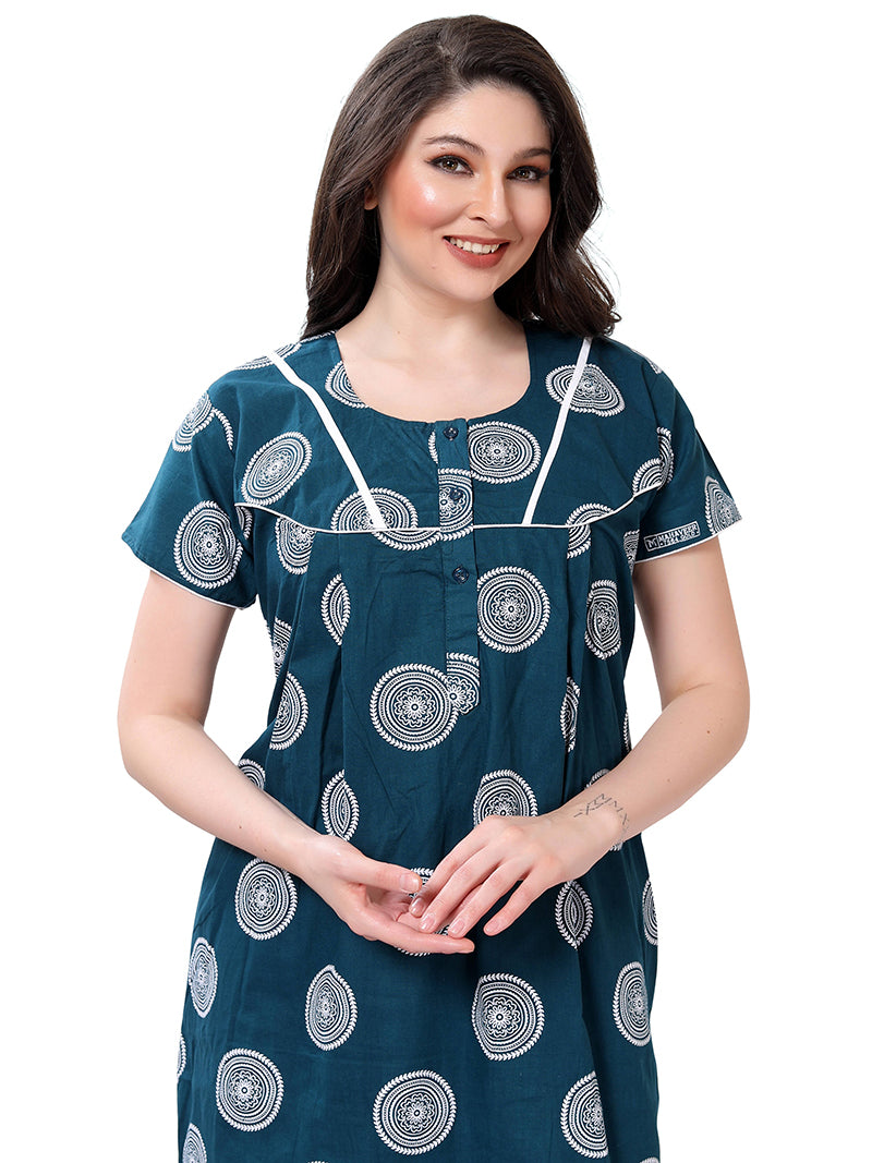 Teal Blue Printed Cotton Maxi Night Gown for Women