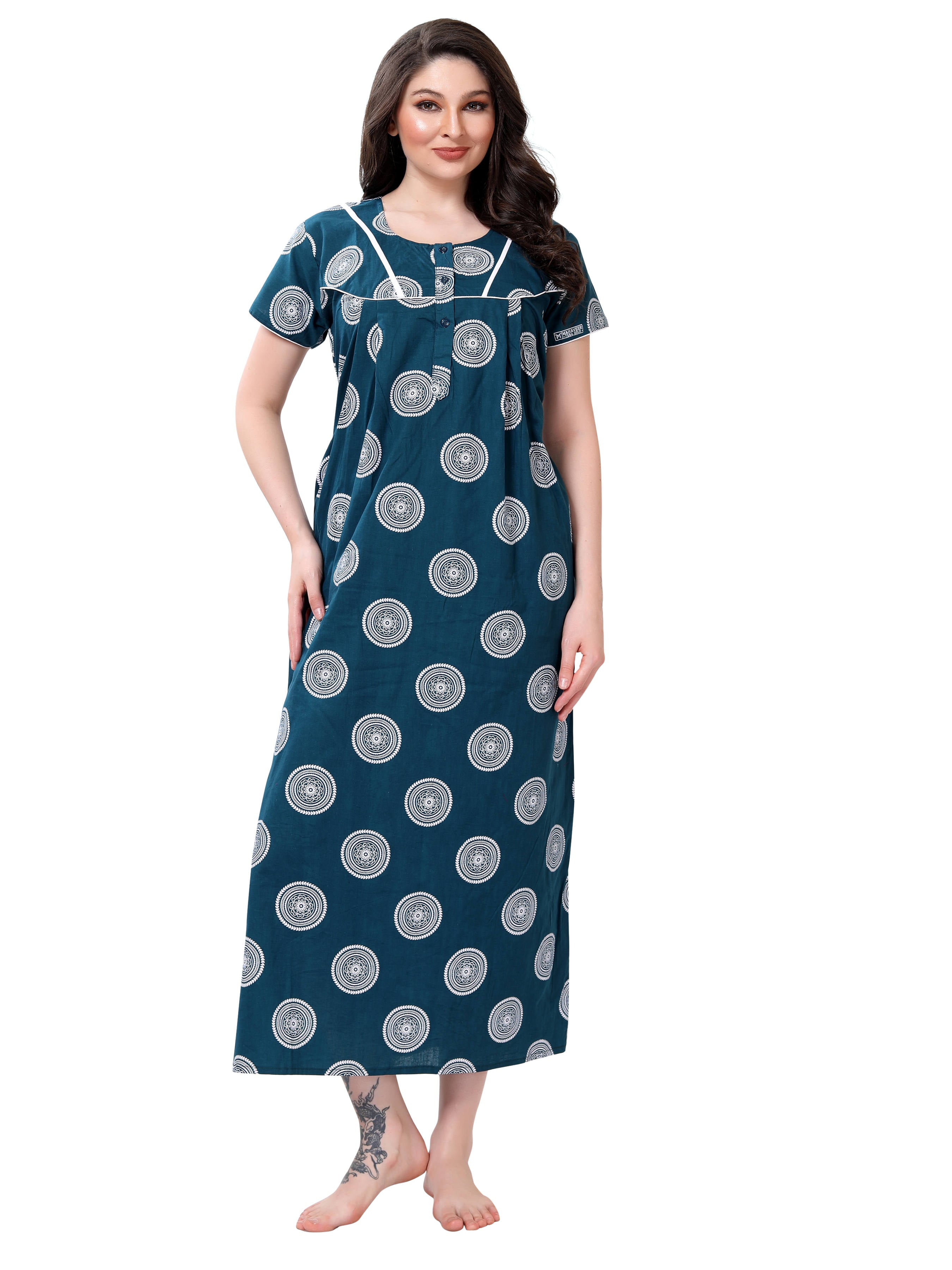 Teal Blue Printed Cotton Maxi Night Gown for Women