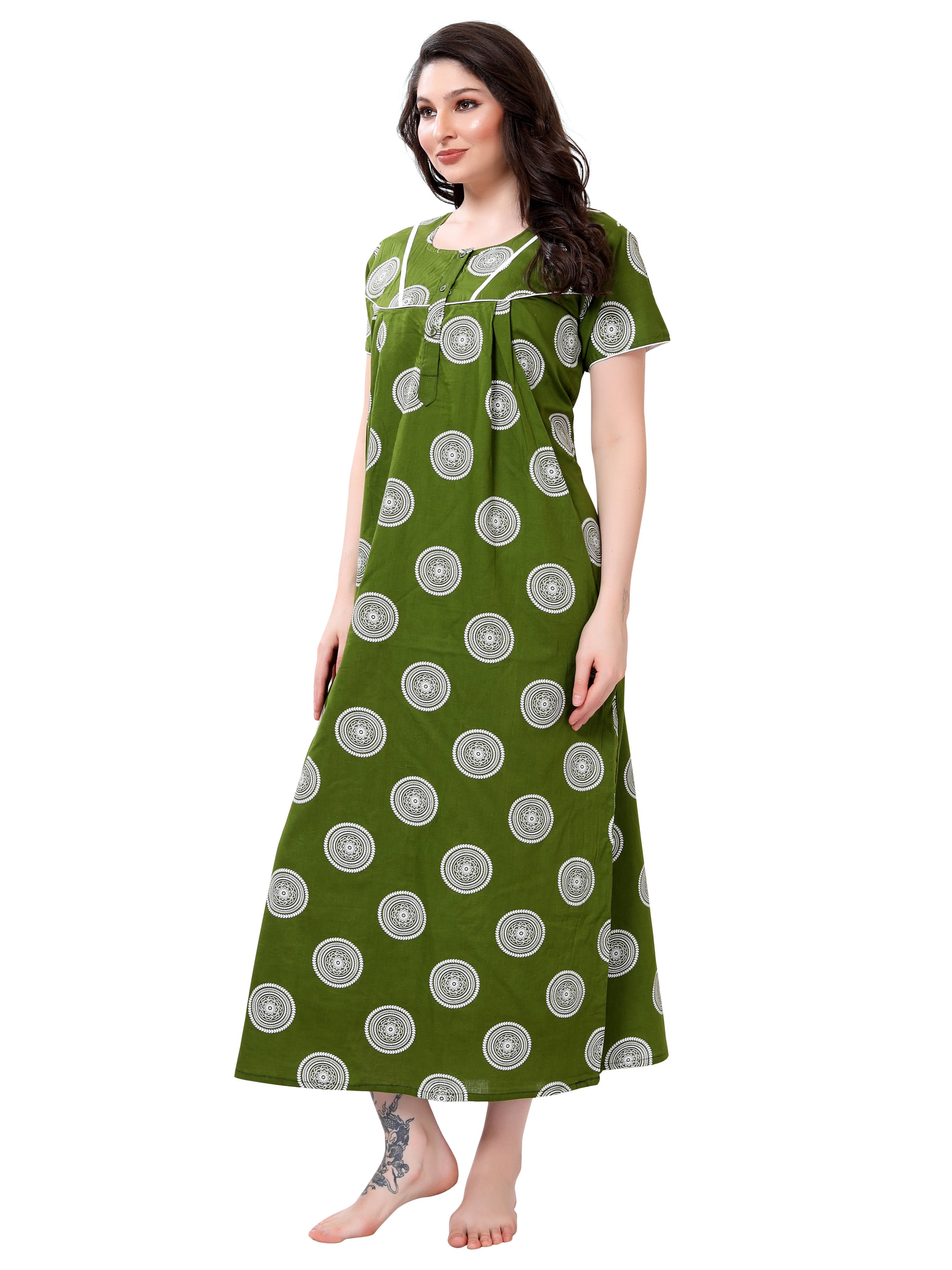 Green  Printed Cotton Maxi Night Gown for Women